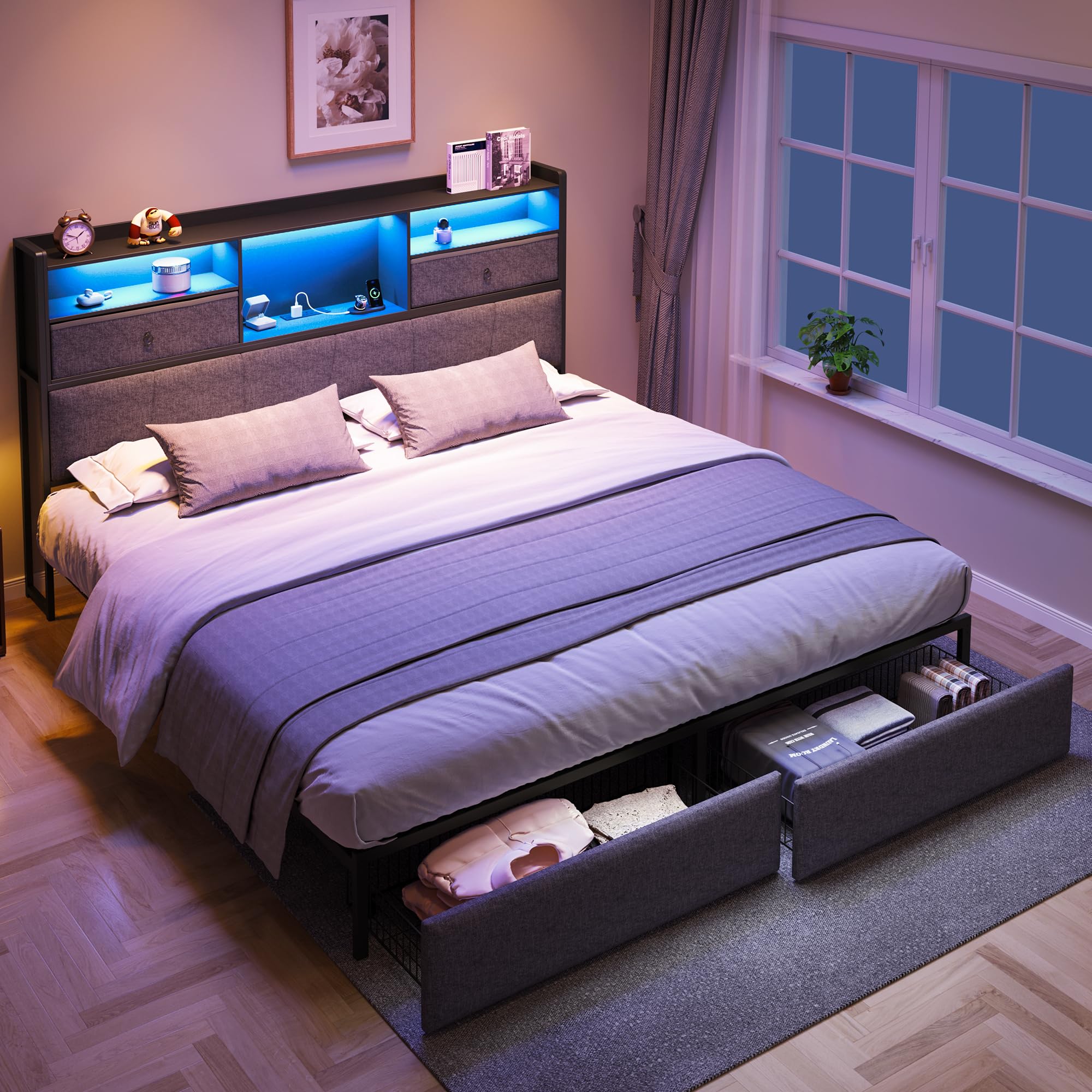Luxstein King Size Bed Frame 150×200 cm with LED Lights & Charging Station