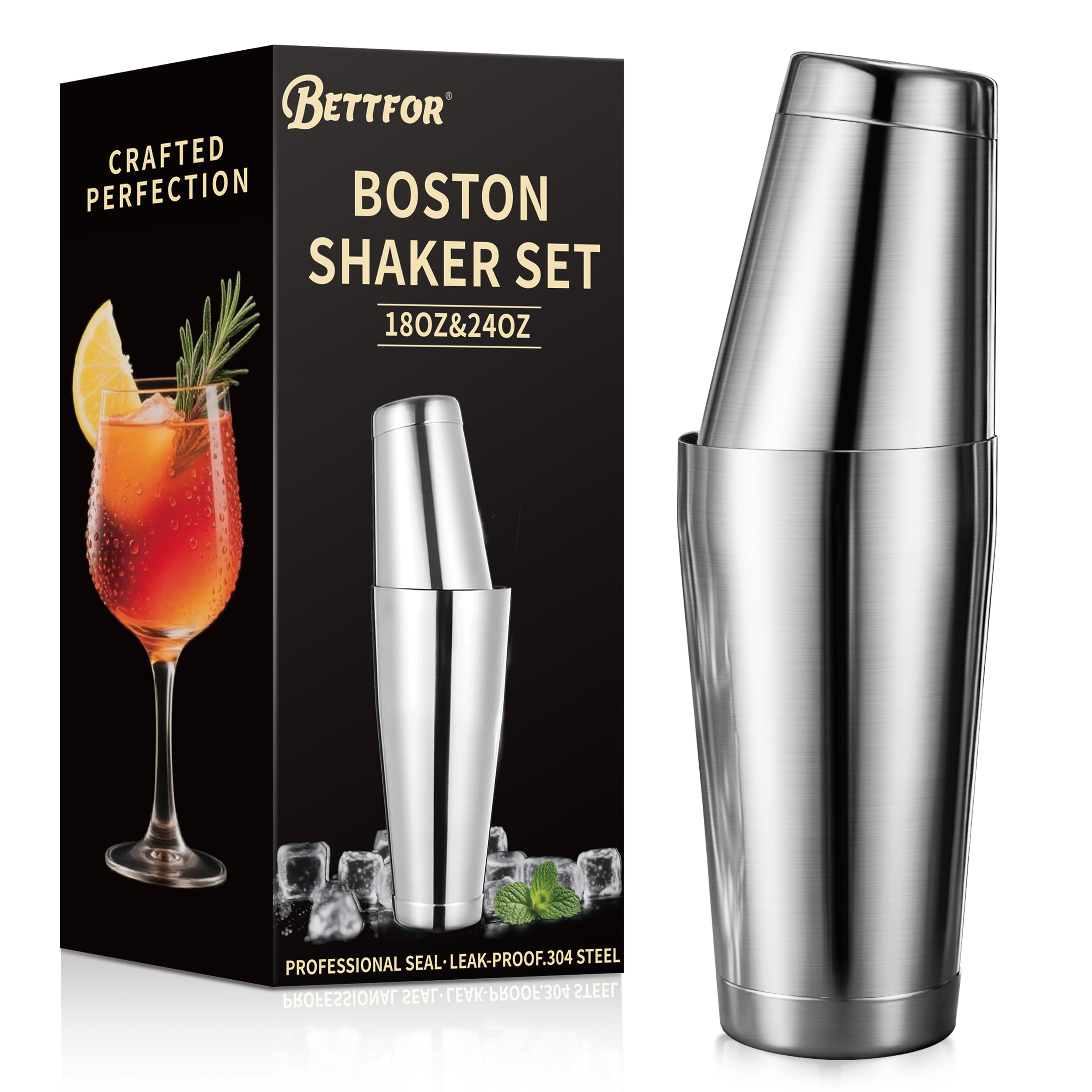 Boston Shaker Set, 18oz &amp; 28oz 2-Piece Tins, Professional 304 Stainless Steel Cocktail Shaker with Leak-Proof Weighted Base for Bartending, Home &amp; Bar Use (Silver)