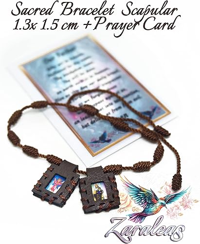 Miniatura 4 de Pulsera Sagrada Escapularia Católica de Cuero Marrón Hecho a Mano del Sagrado Corazón de Jesús, Sagrada Virgen del Carmen, Sagrada Virgen de
