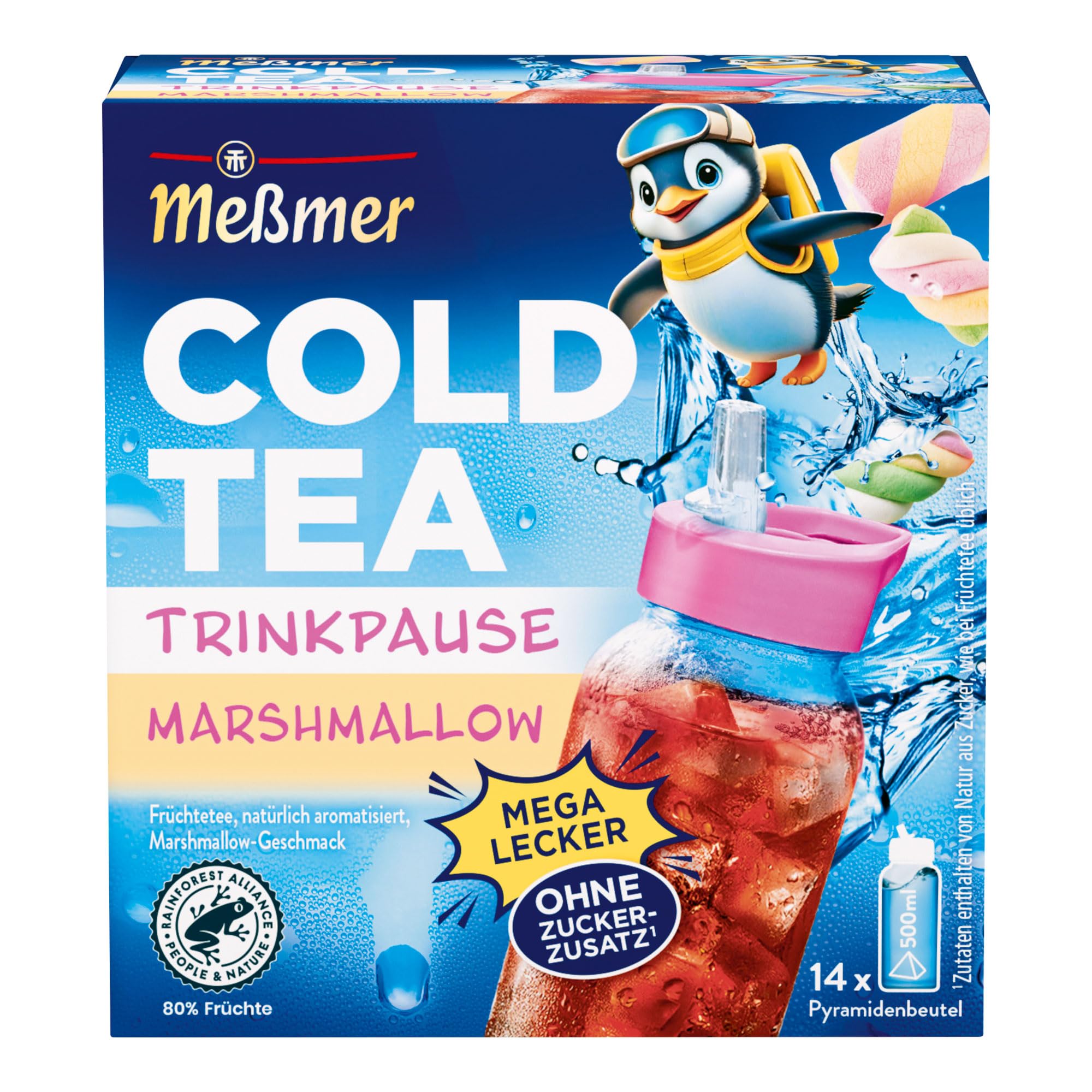 Meßmer Cold Tea Trinkpause Marshmallow | Früchtetee, natürlich aromatisiert, Marshmallow-Geschmack | für kalten Aufguss | 14 Pyramidenbeutel