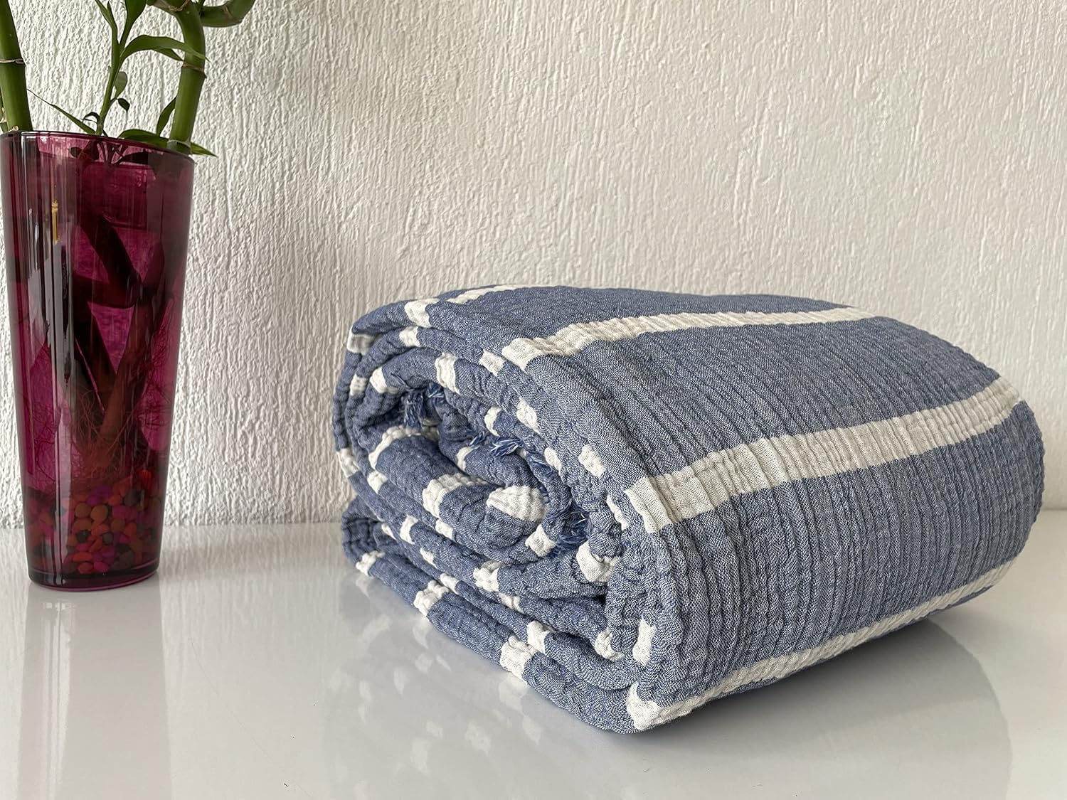 100% Cotton Muslin Throw Blanket, 4 Layers Bedspread, Soft Turkish Cotton Muslin Bed Cover, Reversible Coverlet, Indigo Blue (Throw 47x71-120x180cm)