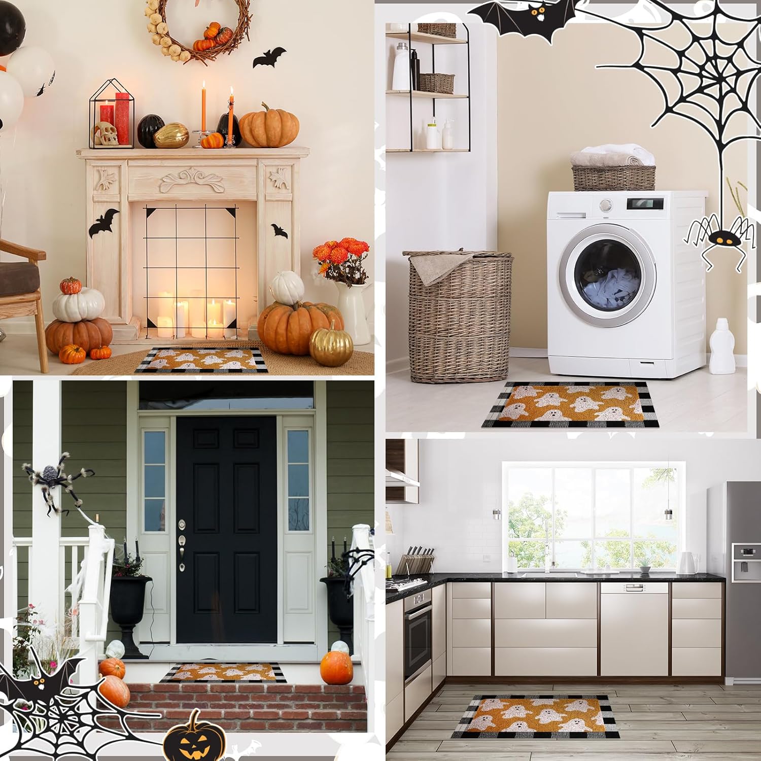 Fabbay 2 Pcs Halloween Fall Welcome Mat - Halloween Ghost Design, Black White Layered Buffalo Plaid Rug, Outdoor/Indoor Doormat for Front Door Porch, Autumn Xmas Holiday Decor
