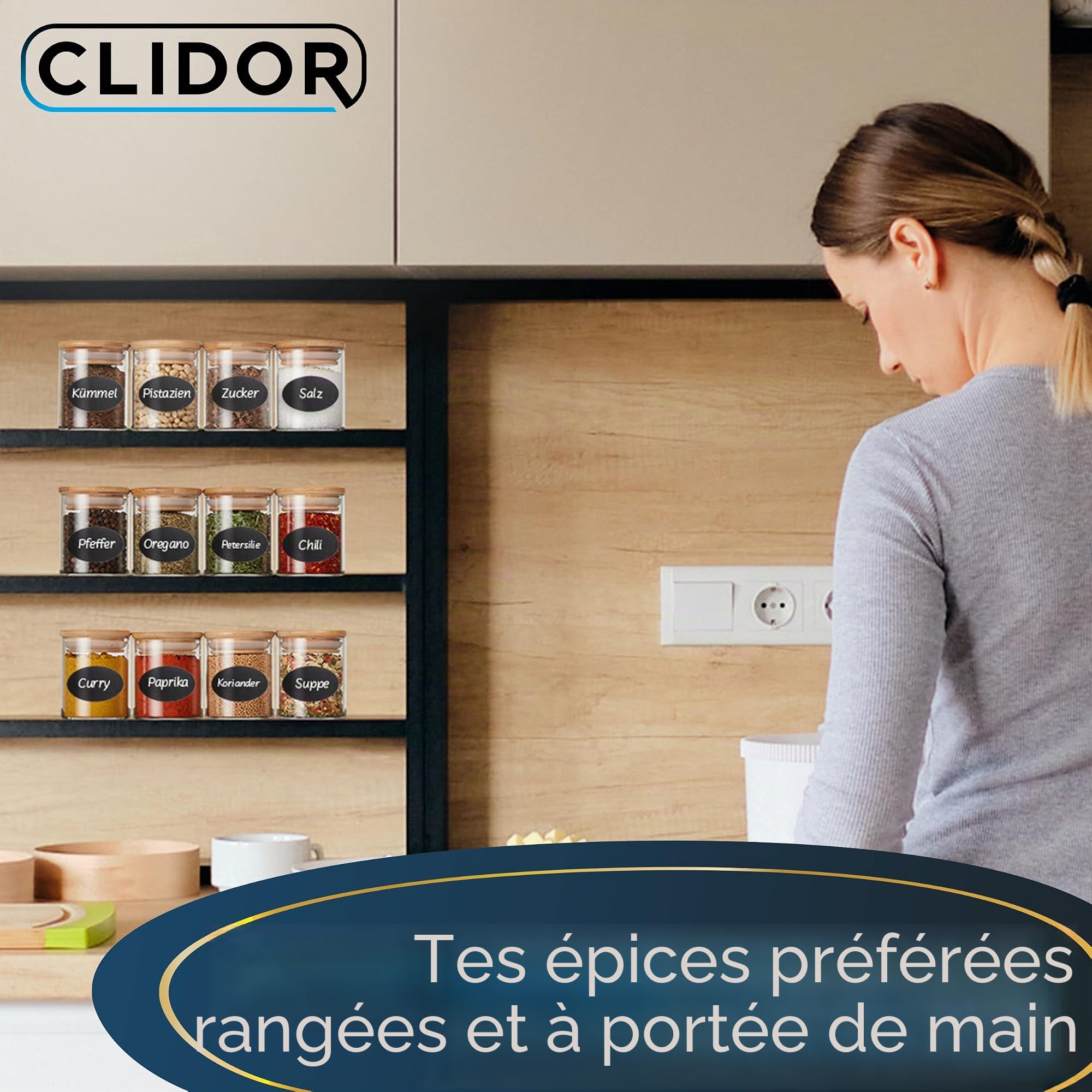 CLIDOR Lot de 12 pots à épices ronds de 125 ml, épaisseur du verre accrue, boîtes à épices empilables avec couvercle en bambou, récipients à épices hermétiques pour la cuisine, pots à épices
