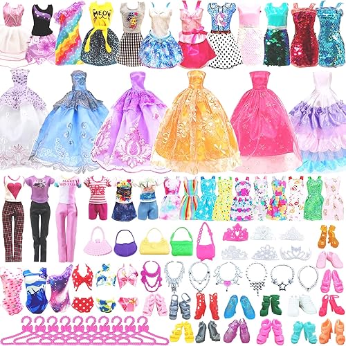 48 piezas de ropa y accesorios para muñecas 3 vestidos de boda 10 faldas de tirantes 4 vestidos de moda 3 tops y 3 pantalones 2 trajes de baño de