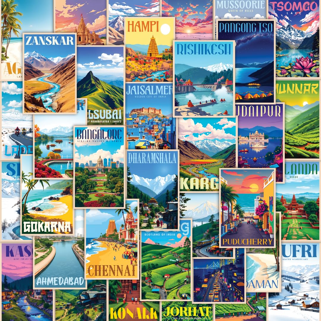 CodersParadise Pack of 54 Vintage Travel India Wall Collage Kit - 4 x 6 Inches Posters for Wall Decoration - Wall Art for Bedroom, Living Room, Office, Dorm Room - Glue Dots Included-image-0