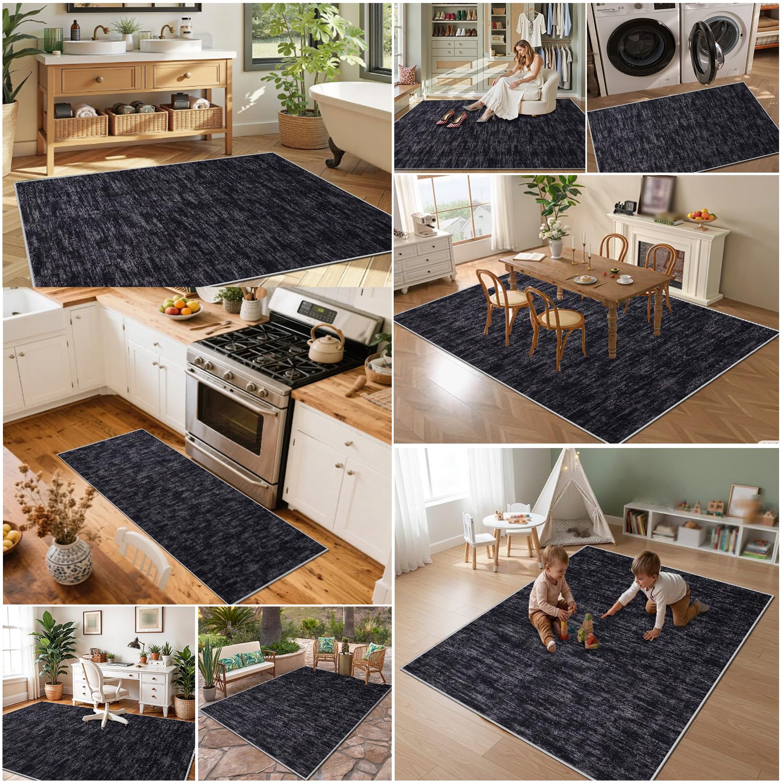 Waschbarer Wohnzimmerteppich, 200 x 260 cm Schwarz Teppiche für Schlafzimmer, Outdoor Teppich Wohnzimmer Balkon Küchenteppich, Kurzflor Schlafzimmer Carpet Living Room Bedroom Esszimmer Teppiche