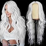 AISI HAIR White Wig for Women, Long Wavy Lace Hairline Middle Part Synthetic Wig for Daily Party-26 Inch