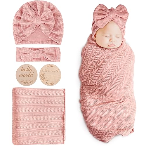 BQUBO Baby Swaddle Blankets for Girls, 4PCS Newborn Accessories Set with Matching Hat and Bow Headband with Card