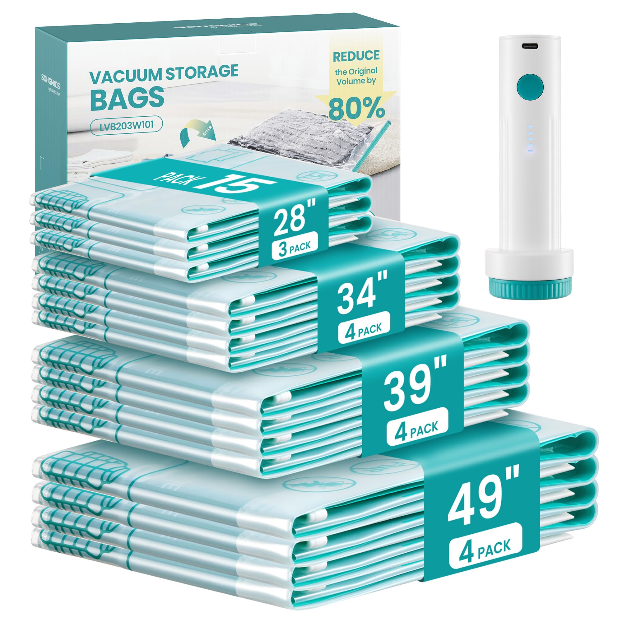 SONGMICS Vacuum Storage Bags Rechargeable Portable Electric Pump 15 Pack