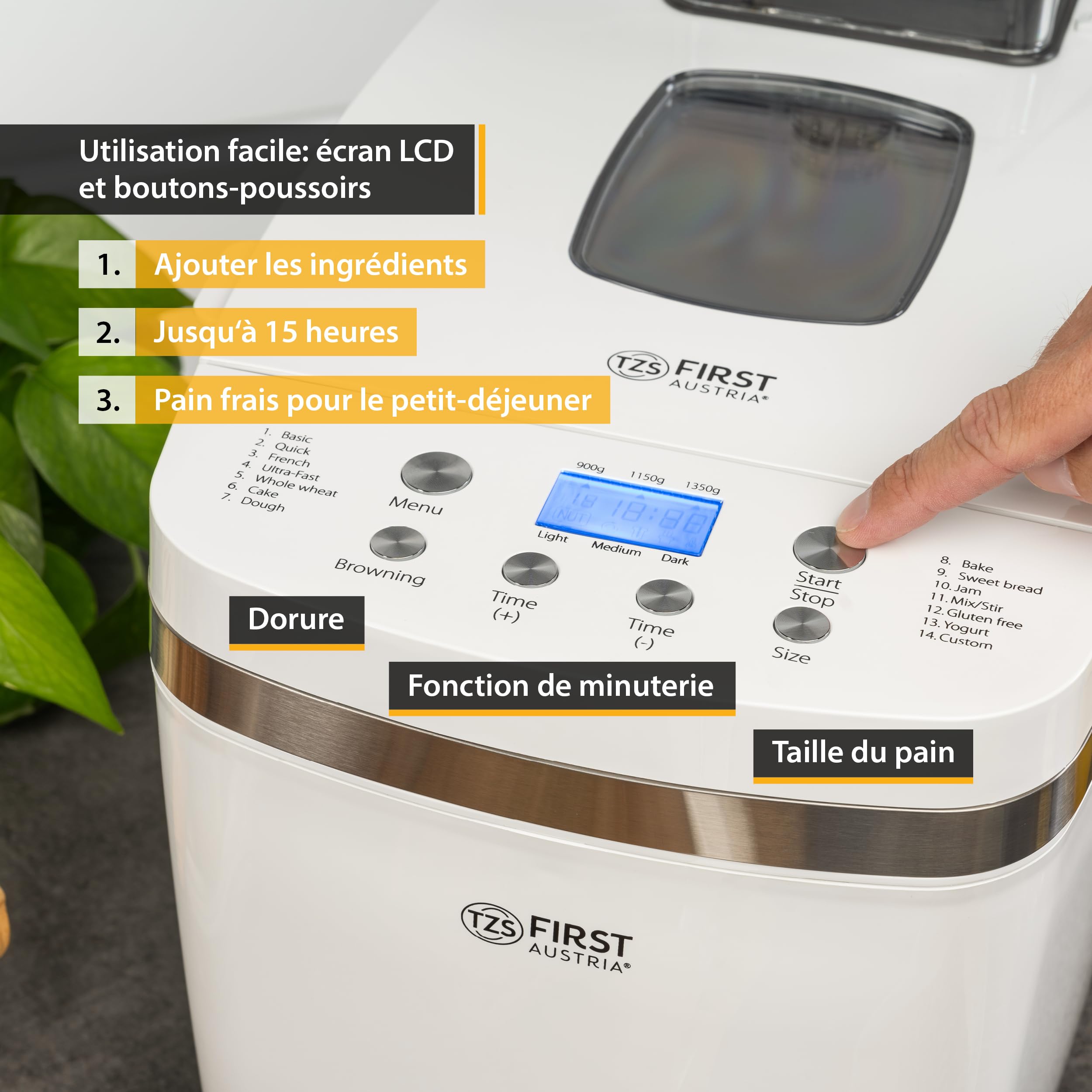 Machine à Pain 850W First Austria 14 Programmes Automatiques 900g 1350g Dorement Réglable Minuterie Maintien au Chaud