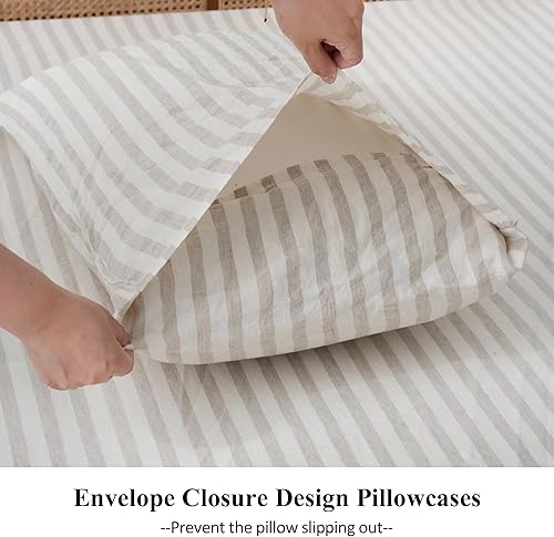 Miniatura 4 de S VICTORY SYMBOL Juego de funda de edredón de 3 piezas, 100 % lino, diseño de hilo teñido de rayas amarillas, juego de funda de edredón de lino