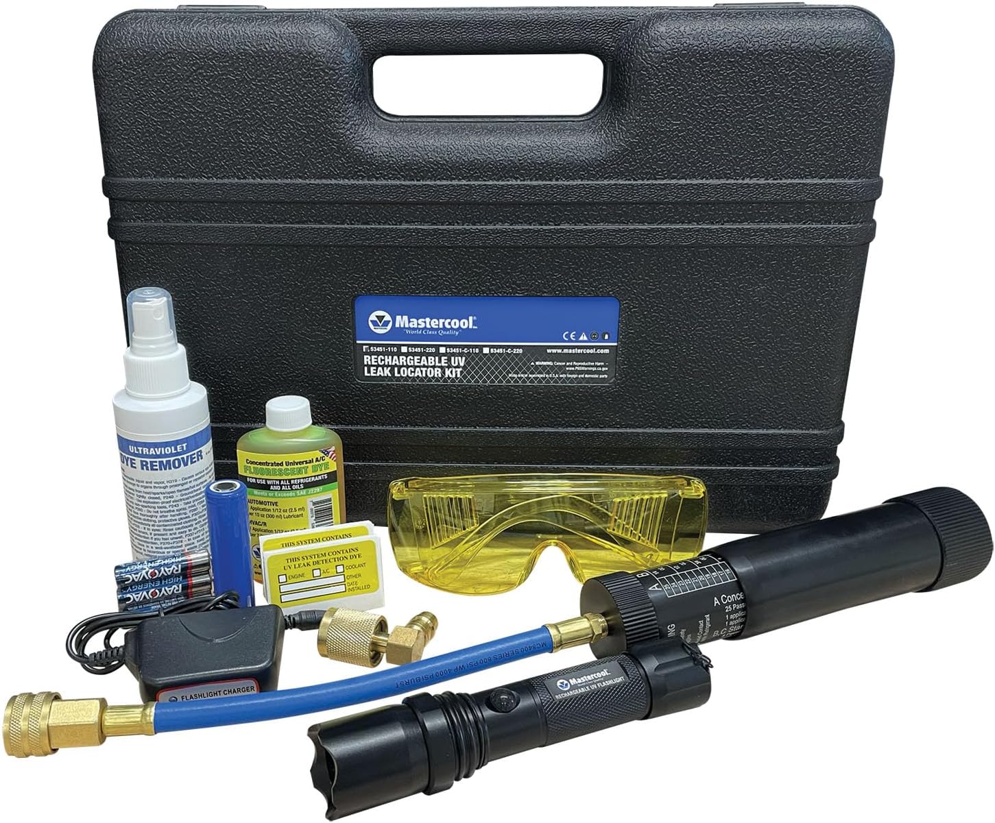 53451-110 Rechargeable UV Leak Detection Kit – Includes High-Intensity UV Flashlight, 2 oz Refillable Dye Injector, Universal Dye, Glasses & Accessories – A/C, Oil, Coolant Leak Locator
