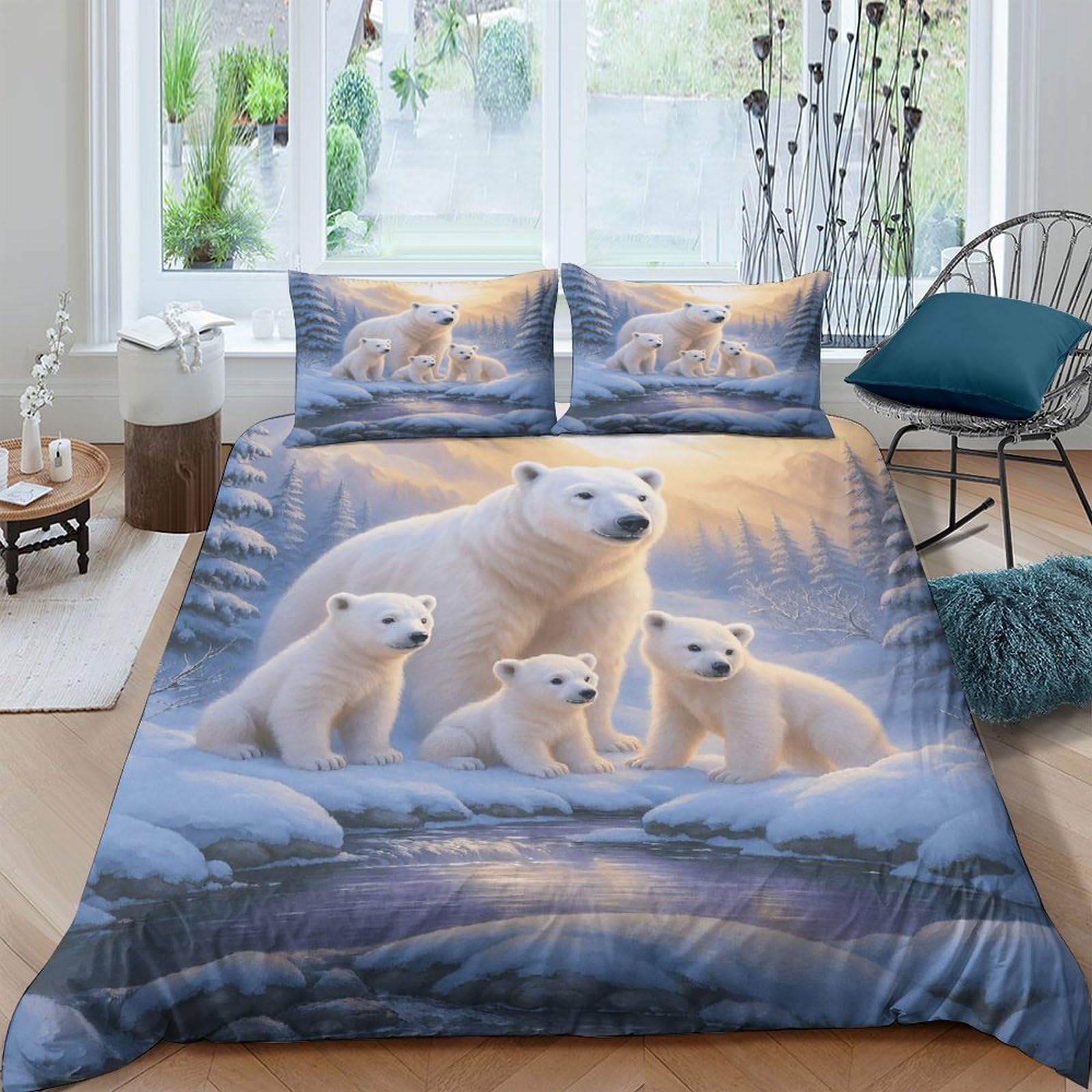 Ctjqhvkz Style-5 3D Printed Polar Bear Family Fitted Sheet Microfiber Blue Snow Forest Bed Cover For Bedroom Guest Room Mattress Protection Single（135X200cm）