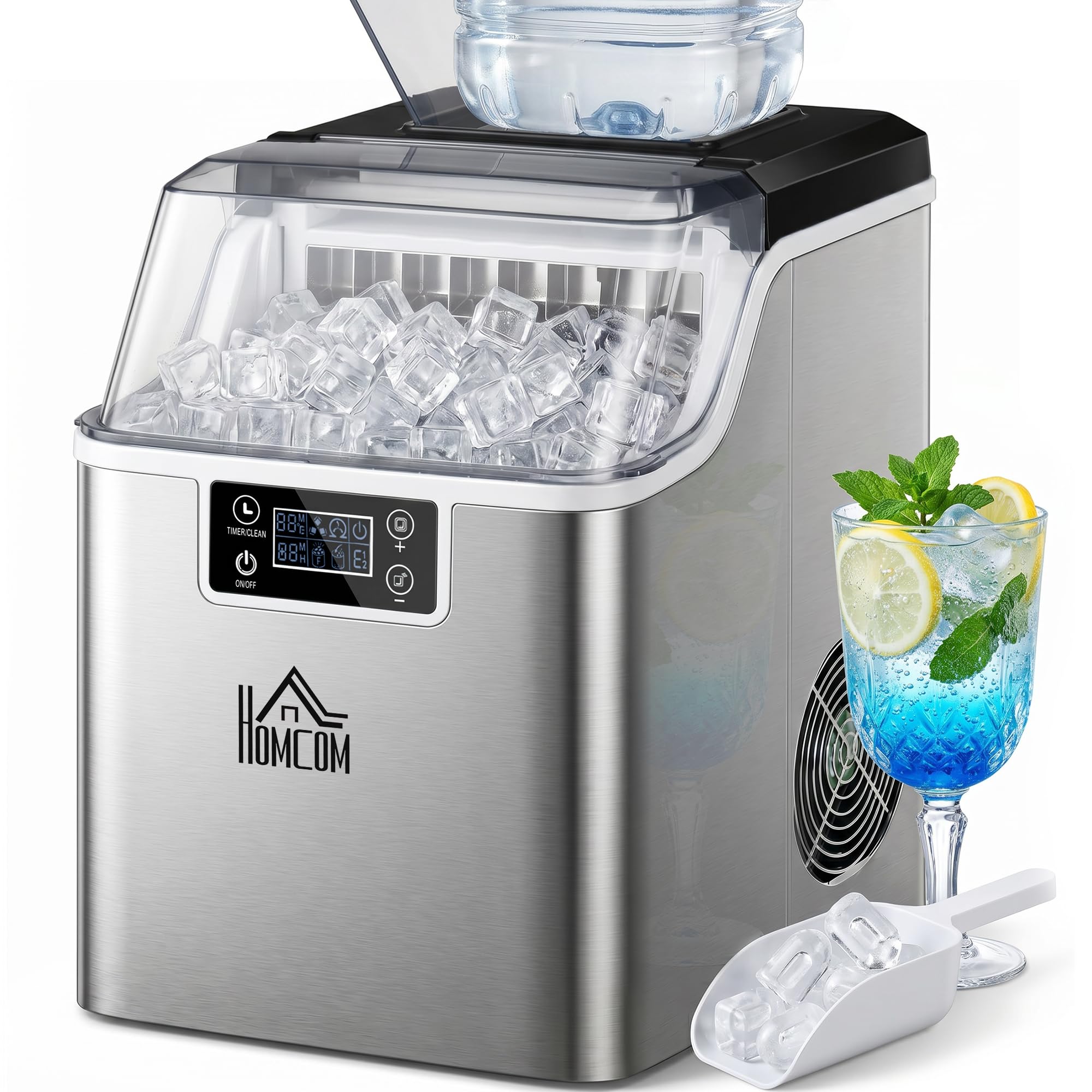 HOMCOM Machine à glaçons, Ice Maker en acier inoxydable 24 glaçons en 14-18 min., 20kg/24h, réservoir d'eau de 3,2L, préparateur de glaçons autonettoyant avec 2 types de remplissage d'eau, pour