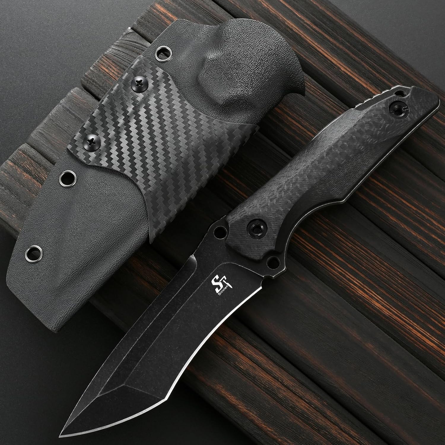 Sitivien ST32 Fixed Blade Knife, AUS-10 Black Stonewashed Steel Carbon Fiber Handle Full Tang Knife for Outdoor Working Camping Hunting Fishing(Black)