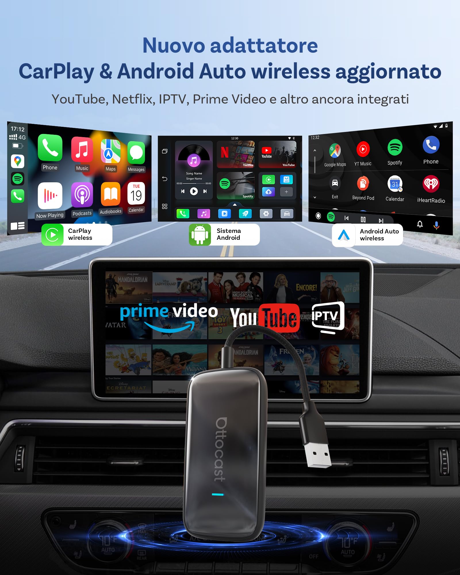 2026 Nuovo OTTOCAST Play2video Ultra, Adattatore CarPlay & Android Auto Wireless con YouTube Netflix, Plug & Play Chip 5G, WiFi6, 4GB+32GB Carplay AI Box per auto con CarPlay cablato dopo il 2016