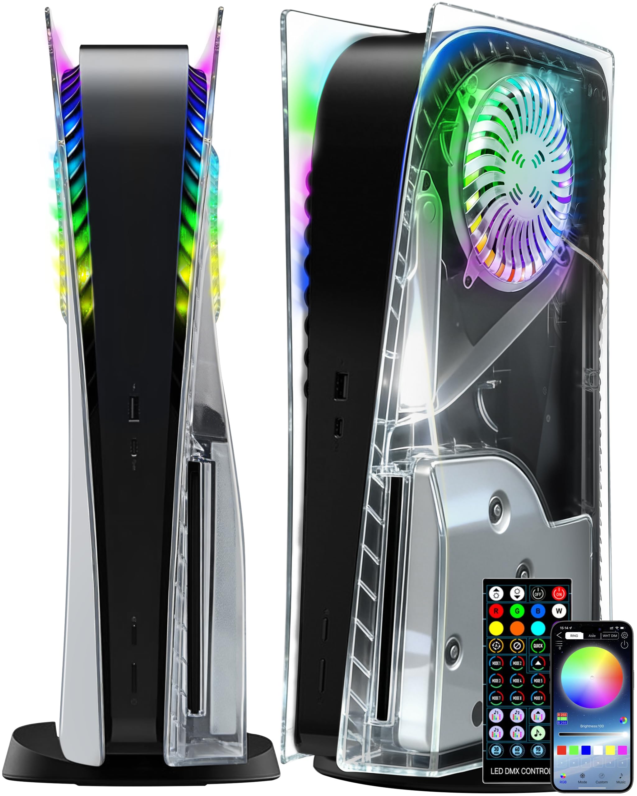Joso Faceplate for PS5 Disc Edition, 2020 Standard Version Anti-Scratch Dustproof Plates Replacement Cover Skin with RGB Ring, Transparent Vented