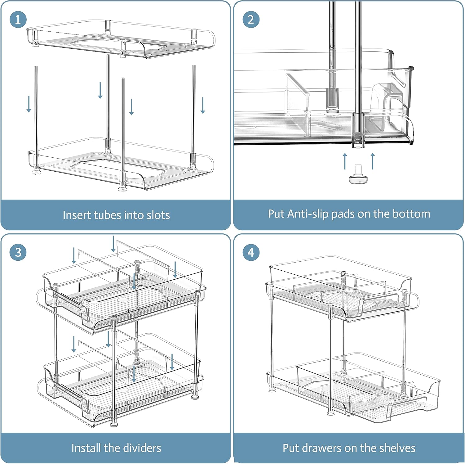 Under Sink Organizer 2 Pack, Bathroom Cabinet Organizer, 2 Tier Sliding Cabinet Basket Organizer Drawer, Multi-Purpose Bath Collection Baskets for Bathroom (Black) (Clear)