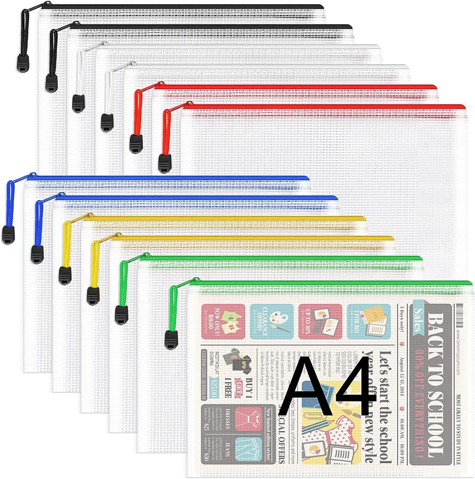 A4 Plastic Zip Folders - 12 PCS Zipper File Bags Mesh Zip Lock Document Wallet Holder Travel Storage Pouch for Office Supplies and Travel Accessories, Waterproof, A4 Size