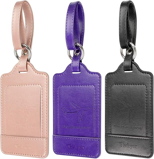 Teskyer Luggage Tags, 3 Pack Premium PU Leahter Luggage Tags Privacy Protection Travel Bag Labels Suitcase Tags