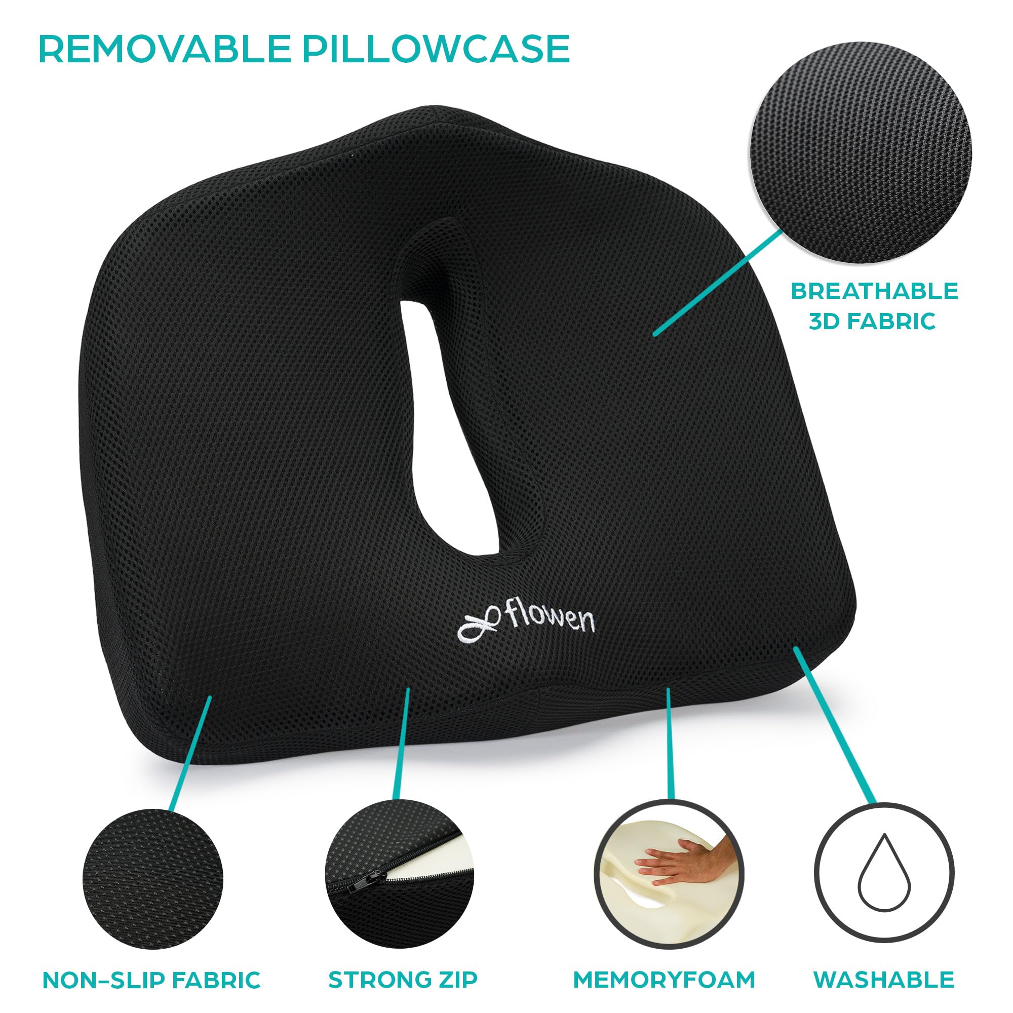 Flowen Cuscino Sedia Ufficio e Cuscino Sedile Auto in Memory Foam per Guidatore Seduta Ergonomica da Scrivania Studio/Gaming/Smart Working Cuscino Anatomico
