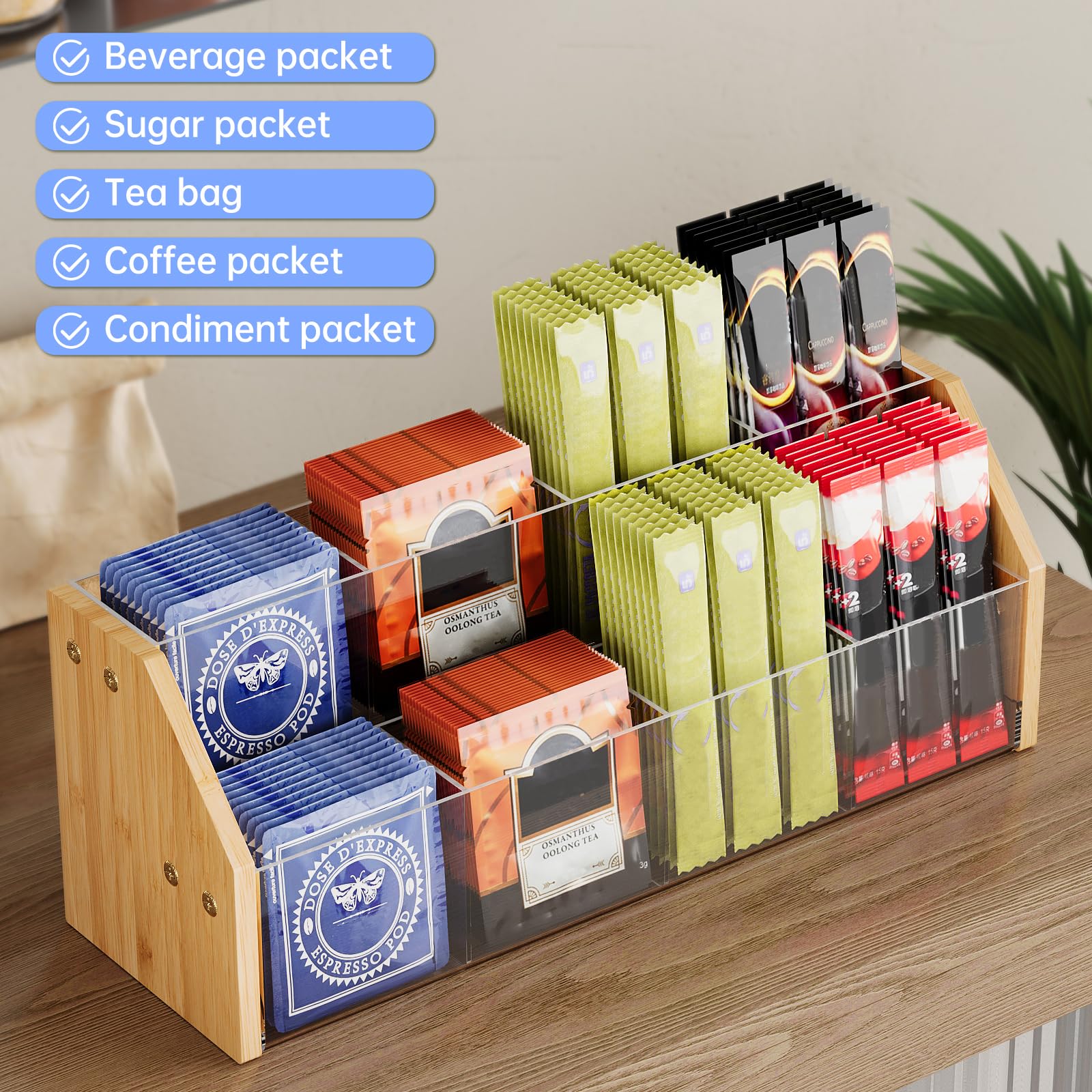 NiHome Organizador de bolsas de té de 2 niveles con paneles acrílicos transparentes y marco de bambú, 8 compartimentos que sostienen hasta 80 bolsas de té, soporte de té para ahorrar espacio para el