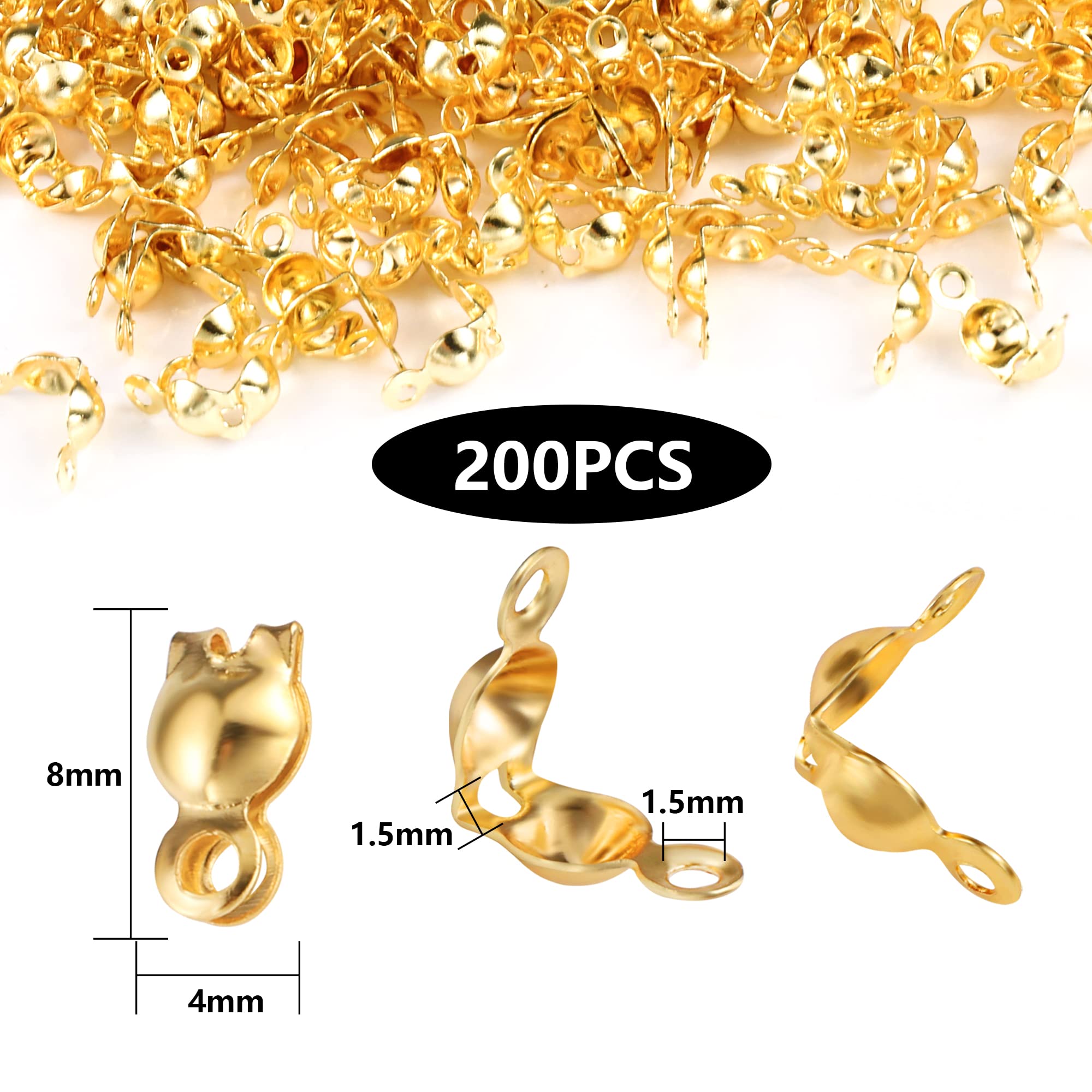 200 PCS Gold Knot Covers for Jewelry Making 4x8 mm Clamshell Crimp Tips Beads Clamshell Fold-Over Bead Covers for DIY Bracelets Necklaces