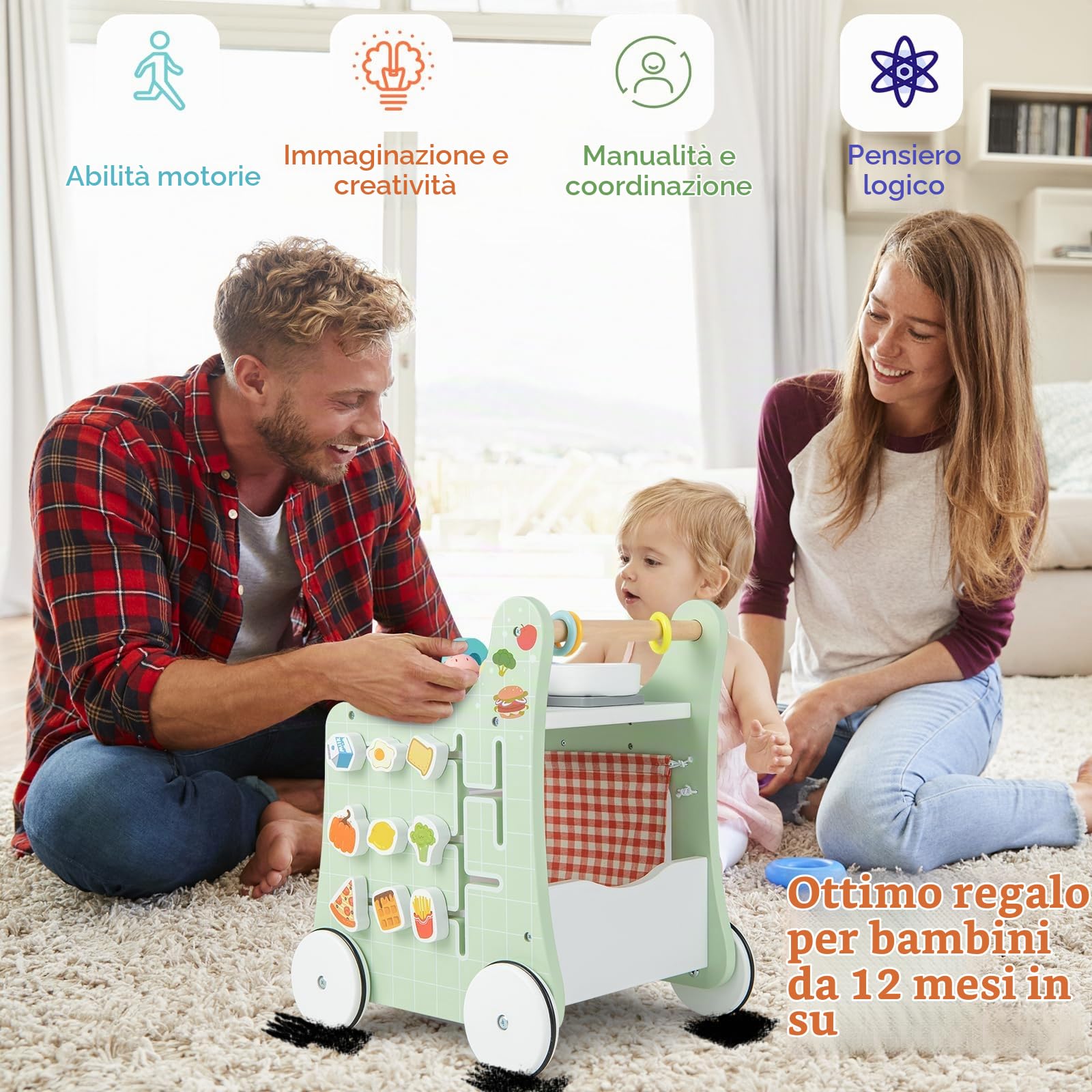 LIFEZEAL Carrello Primi Passi per Bambini 1+ Anni, Cucina Giocattolo, Carrellino da Spinta in Legno, Ruote Silenziose, Multiattività, Educativo, Vano Portaoggetti, Imparare a Camminare, Regalo, Verde