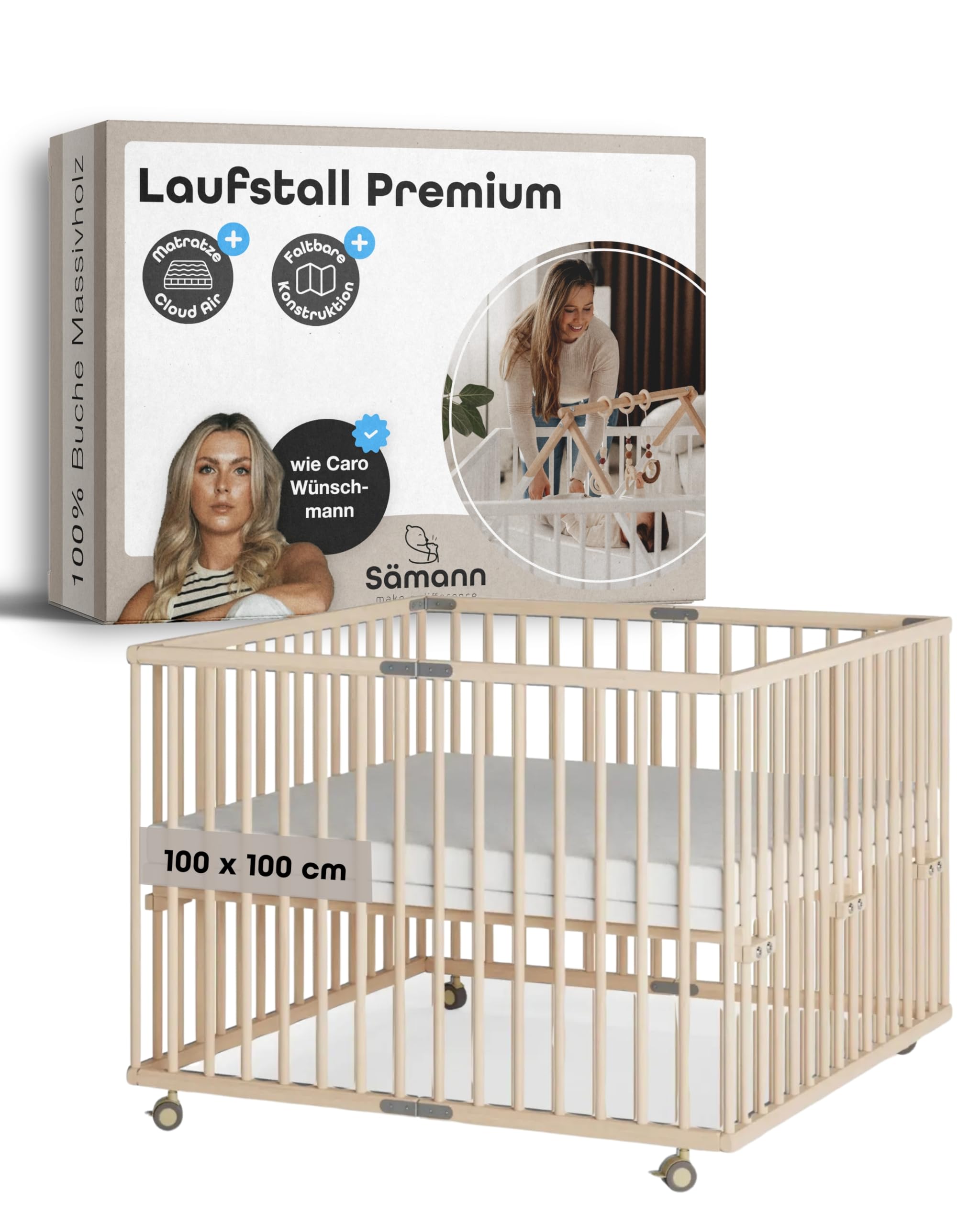 Sämann Laufstall faltbar Baby 100x100 cm mit Cloud Air Matratze | stufenlos höhenverstellbar | Laufgitter Premium | Babybett aus Holz | Krabbelgitter natur