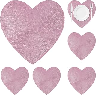 Heart-Shaped Placemats Set of 6, Pink Valentine's Day Placemats Waterproof Dining Table Mats Decor for Party Kitchen Dining 15X15inch