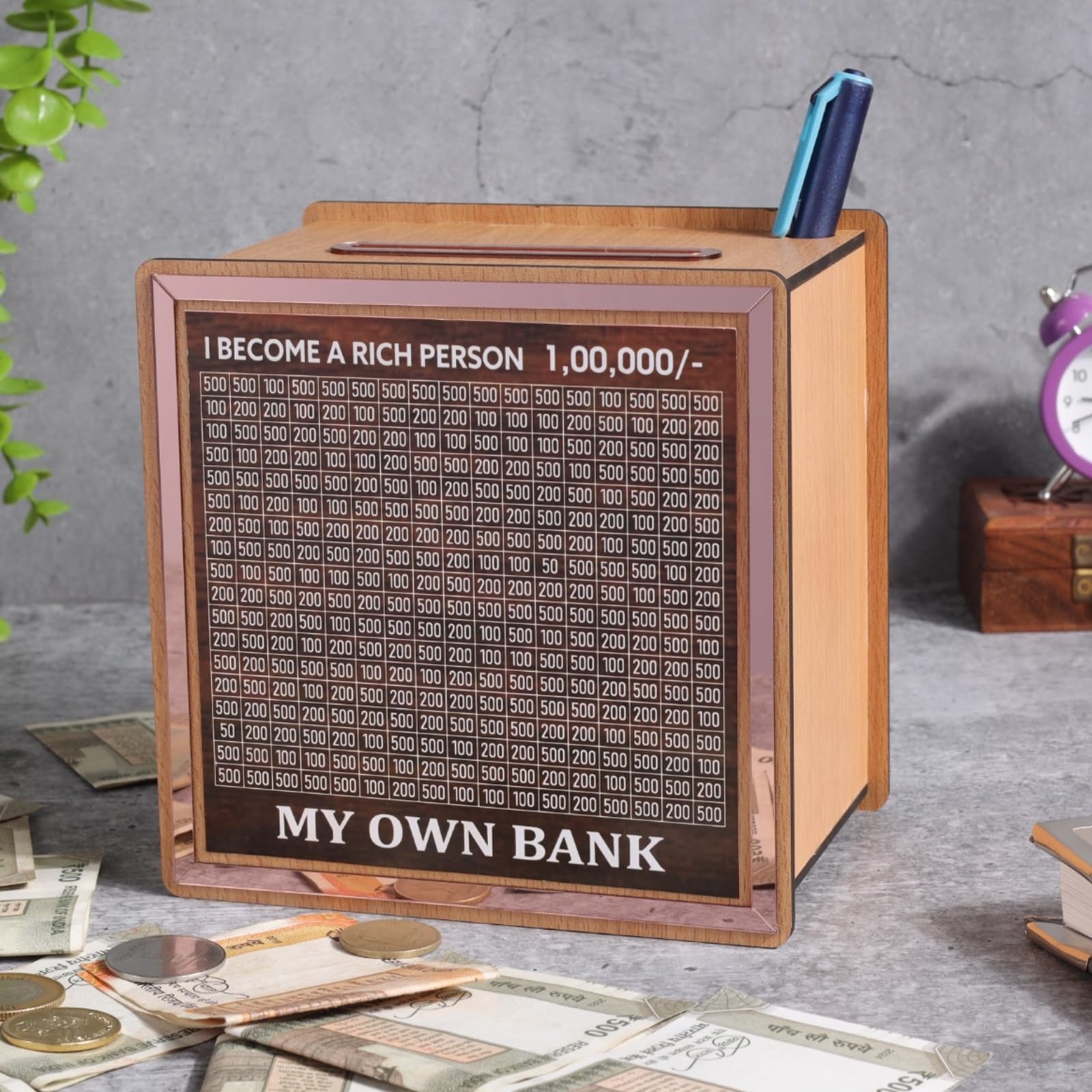 Laser Art Wooden Piggy Bank for Kids & Adults, Coin Box with Carved Design, Savings Box, Mini Bank, Donation Box, Smart Money Box, Wooden Coin Box, Money Saver, Piggy Bank with Numbers