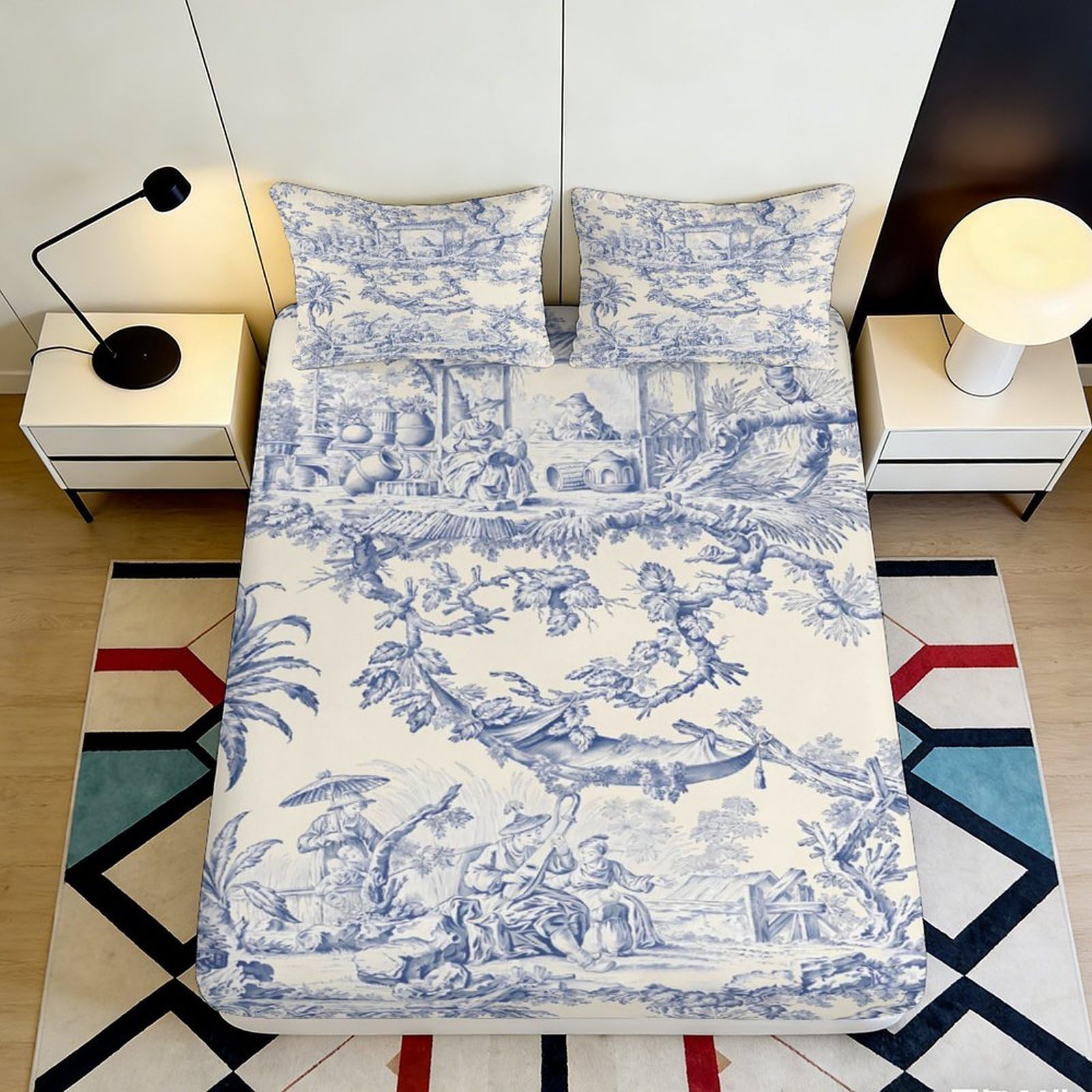 3D Printed Blue Toile de Jouy Fitted Sheet Microfiber Soft Breathable Pastoral Scene Mattress Cover Bedroom Decor 90x200x25cm