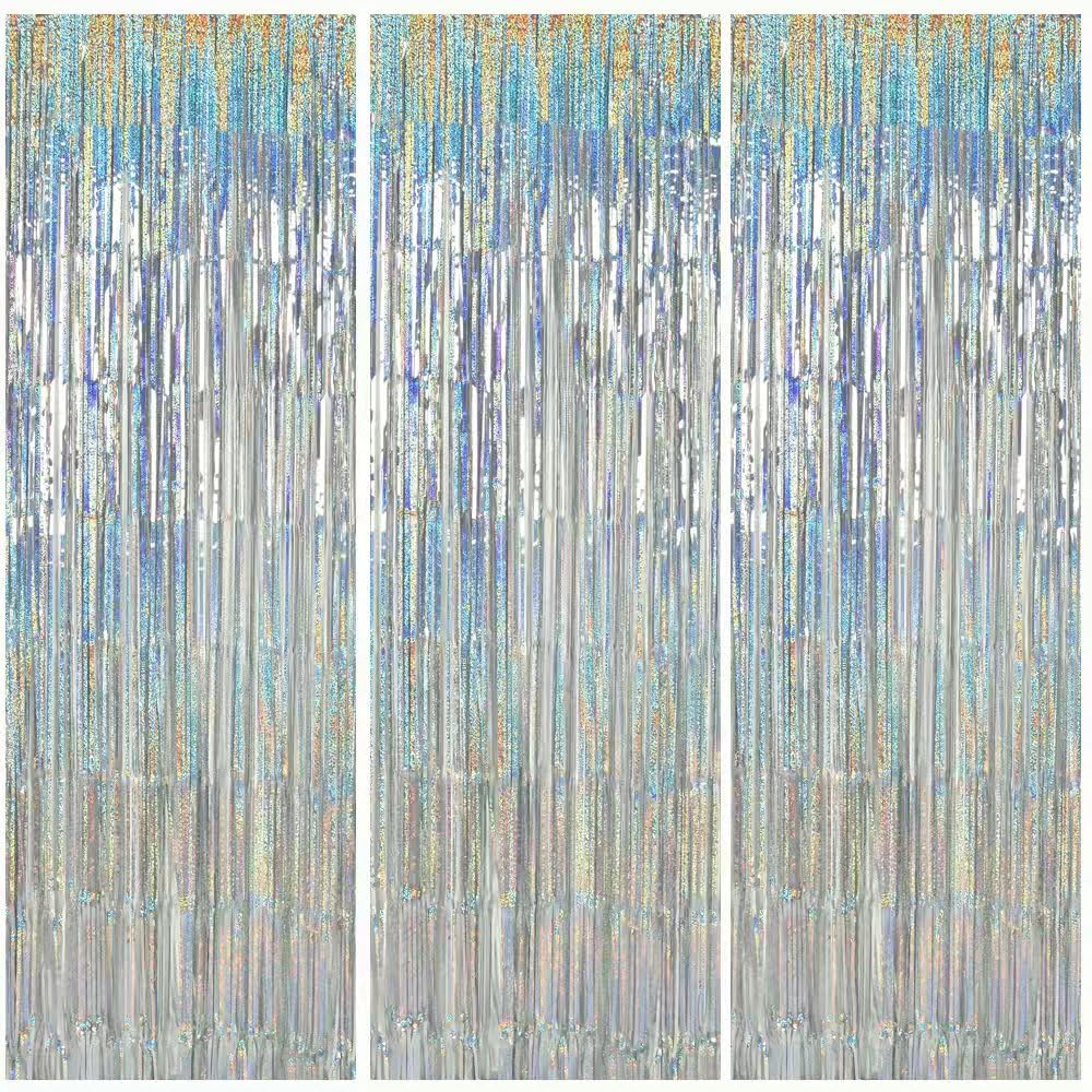 TONIFUL 3Pcs Laser Silver Door Streamers,Laser Silver Photo Booth Backdrop Metallic Streamers Foil Fringe Curtains for Birthday,Christmas,New Year,