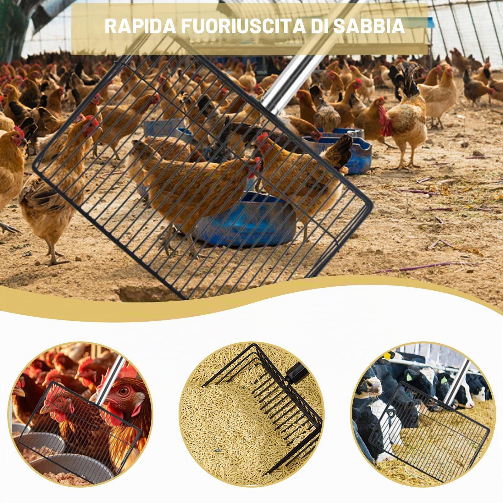 38 cm Grande Pala per Letame di Pollo con Manico da 170 cm, Accessorio Regolabile per Pollaio 98-178 cm, Pala Setacciante Regolabile, Strumento di Pulizia per Polli per la Pulizia e il Filtraggio nel