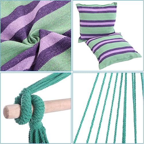 Miniatura 2 de Silla hamaca colgante de cuerda con 2 almohadas, cómodo y duradero, asiento de columpio con diseño de rayas, para interiores, exteriores,