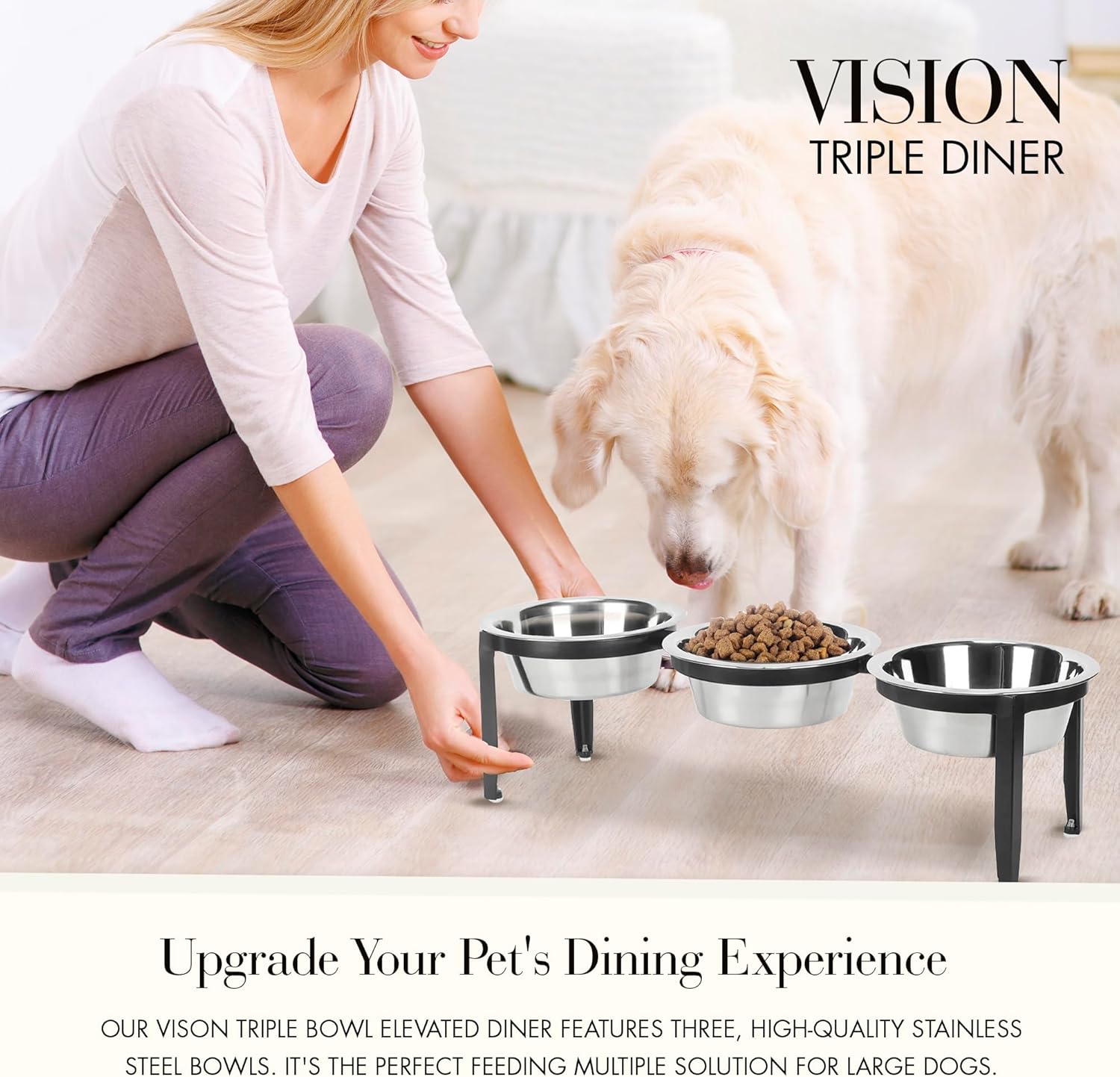 NMN Designs Vision Triple Diner - 3 Bowl Dog Feeder - Medium to Large Dogs - Multi-Dog Feeding Station - Furniture Grade Steel - UV Weather Resistant - No Noise - Indoor/Outdoor - 7" Tall