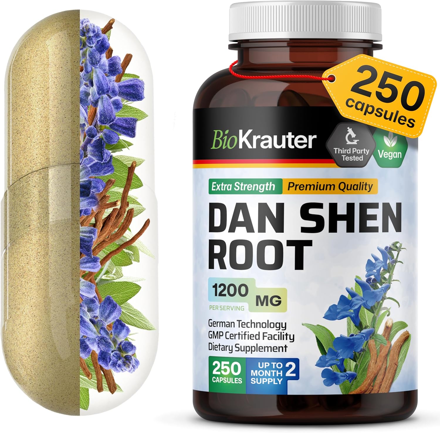 BIO KRAUTER Dan Shen Root Capsules - 1200 mg Strength - 250 Red Sage Caps - Antioxidant Source - Salvia Miltiorrhiza Root - Vegan