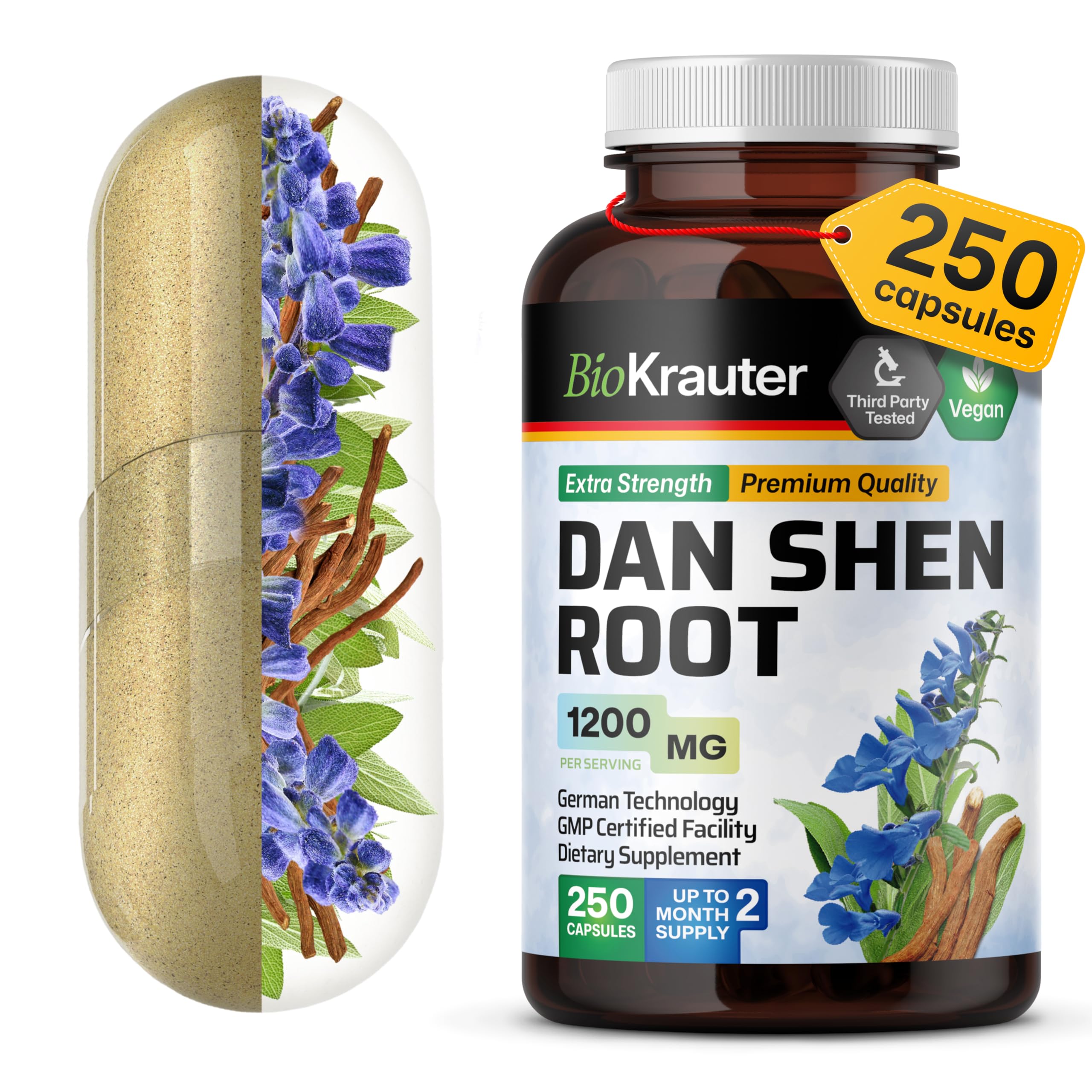 BIO KRAUTER Dan Shen Root Capsules - 1200 mg Strength - 250 Red Sage Caps - Antioxidant Source - Salvia Miltiorrhiza Root - Vegan