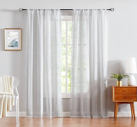 Fragrantex Tende trasparenti bianche per camera da letto, 241,3 cm, a righe, tende semi-velate per soggiorno, patio,...