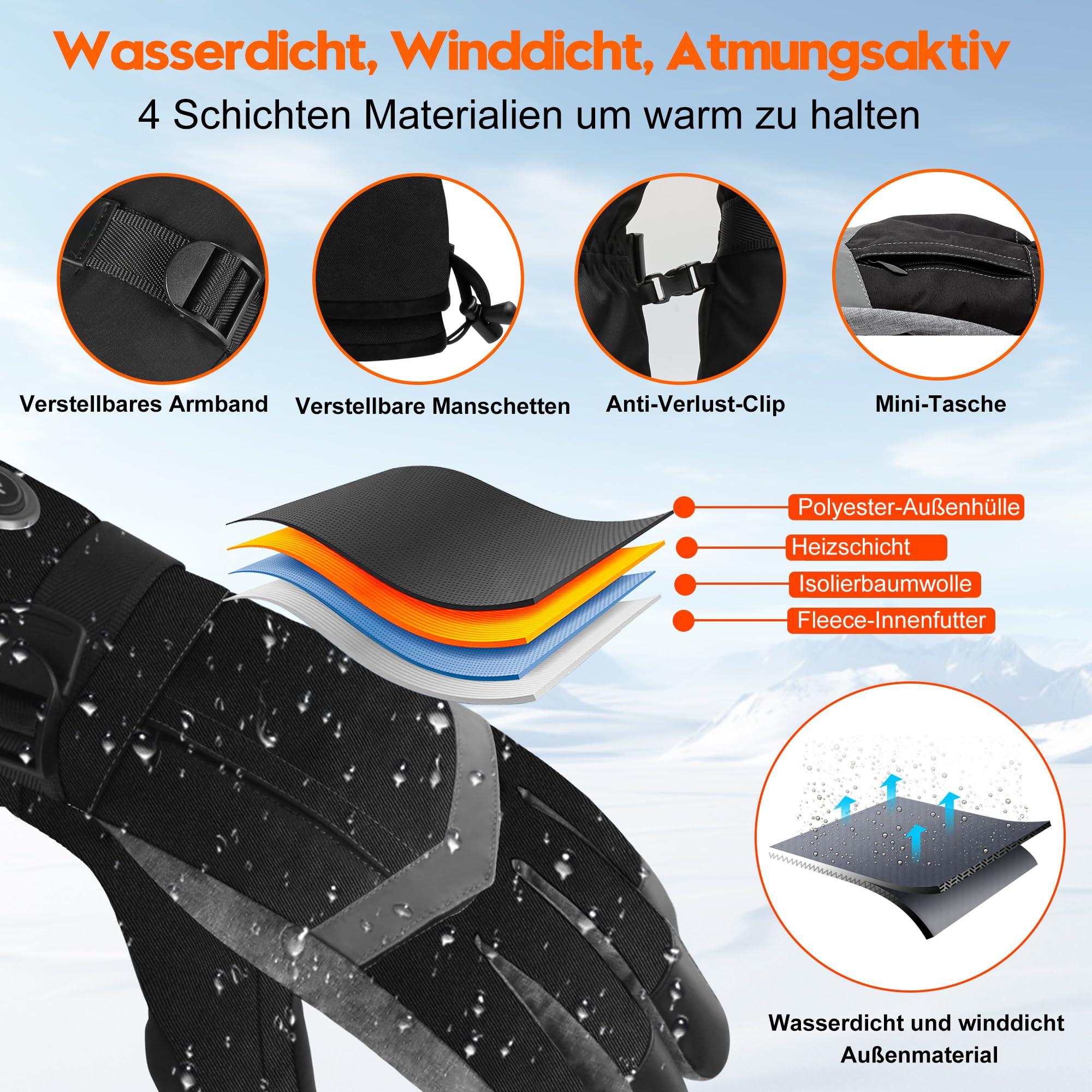 Beheizte Handschuhe für Männer und Frauen, 6000 mAh Akku, wiederaufladbare Handwärmer-Handschuhe mit Touchscreen, wasserdicht, elektrisch, beheizter Skihandschuh für Winter, Outdoor, Arbeit, Jagd