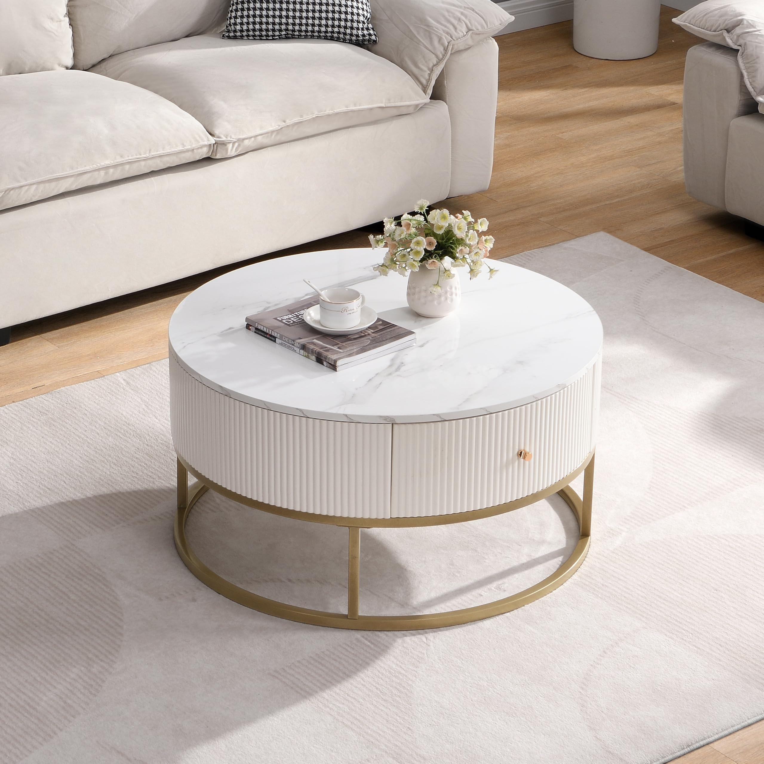 Round Coffee Table with Storage Drawers, Fluted Coffee Table with White Faux Marble Tabletop with Golden Metal Frame, Tea Cocktail Center Table Modern Coffee Table for Living Room Office Breakroom