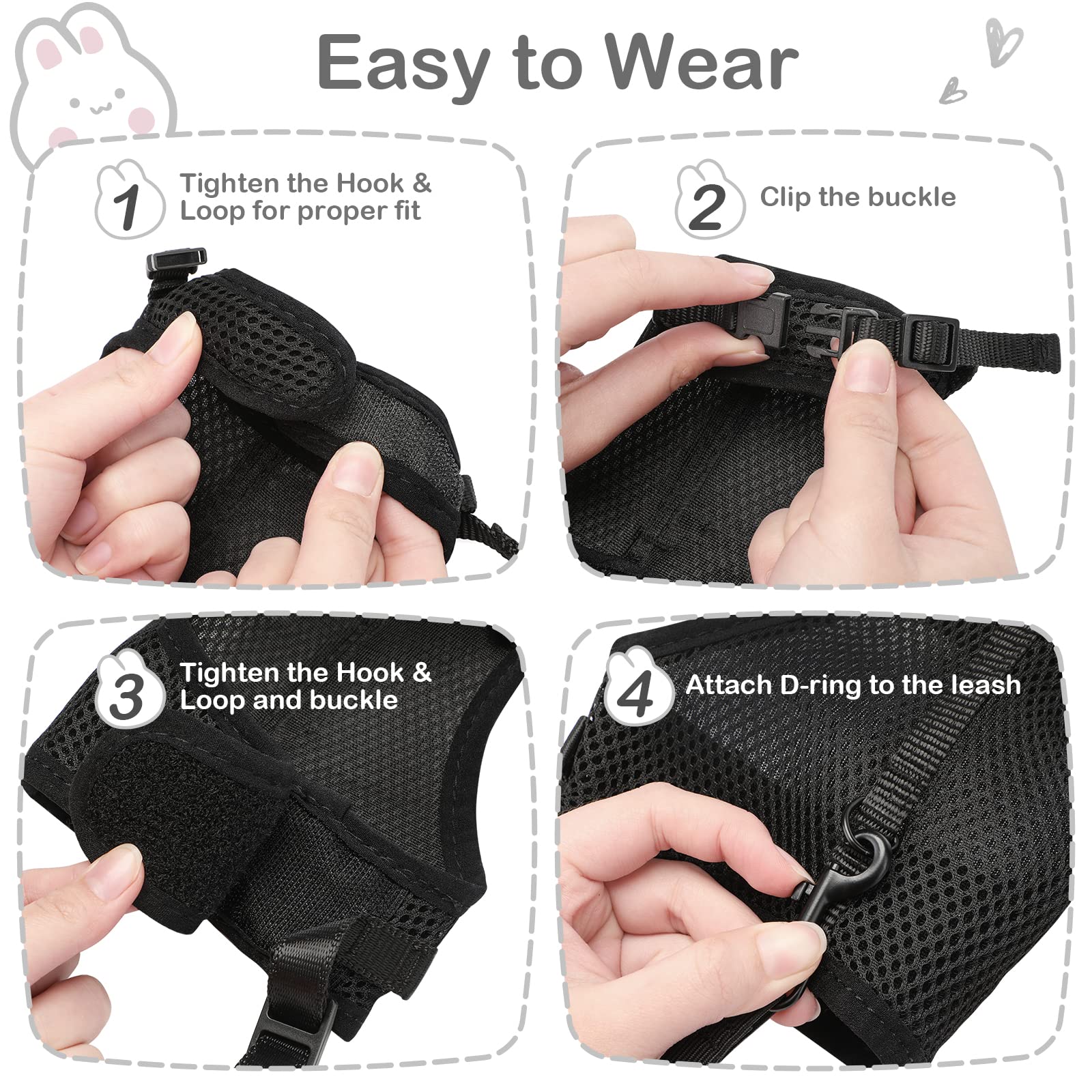 HAPPY HACHI Harnais pour Lapins Cochons d'Inde Petits Animaux avec Laisse Élastique Gilet Souple pour Promenade (L, Noir)