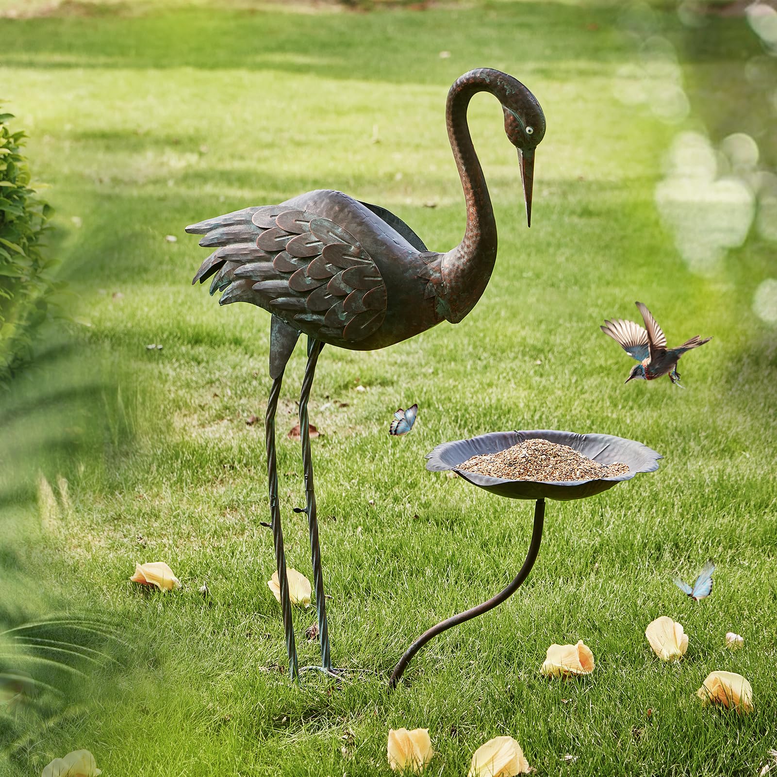 Kranich-Vogeltränke aus Metall, 91,4 cm hoch, Vogeltränke für den Außenbereich, Vogelfutterspender für den Außenbereich | Reiher-Gartenstatuen mit Vogeltränke, Vintage-Vogeltränke für Garten, Terrasse, Rasen-Dekoration