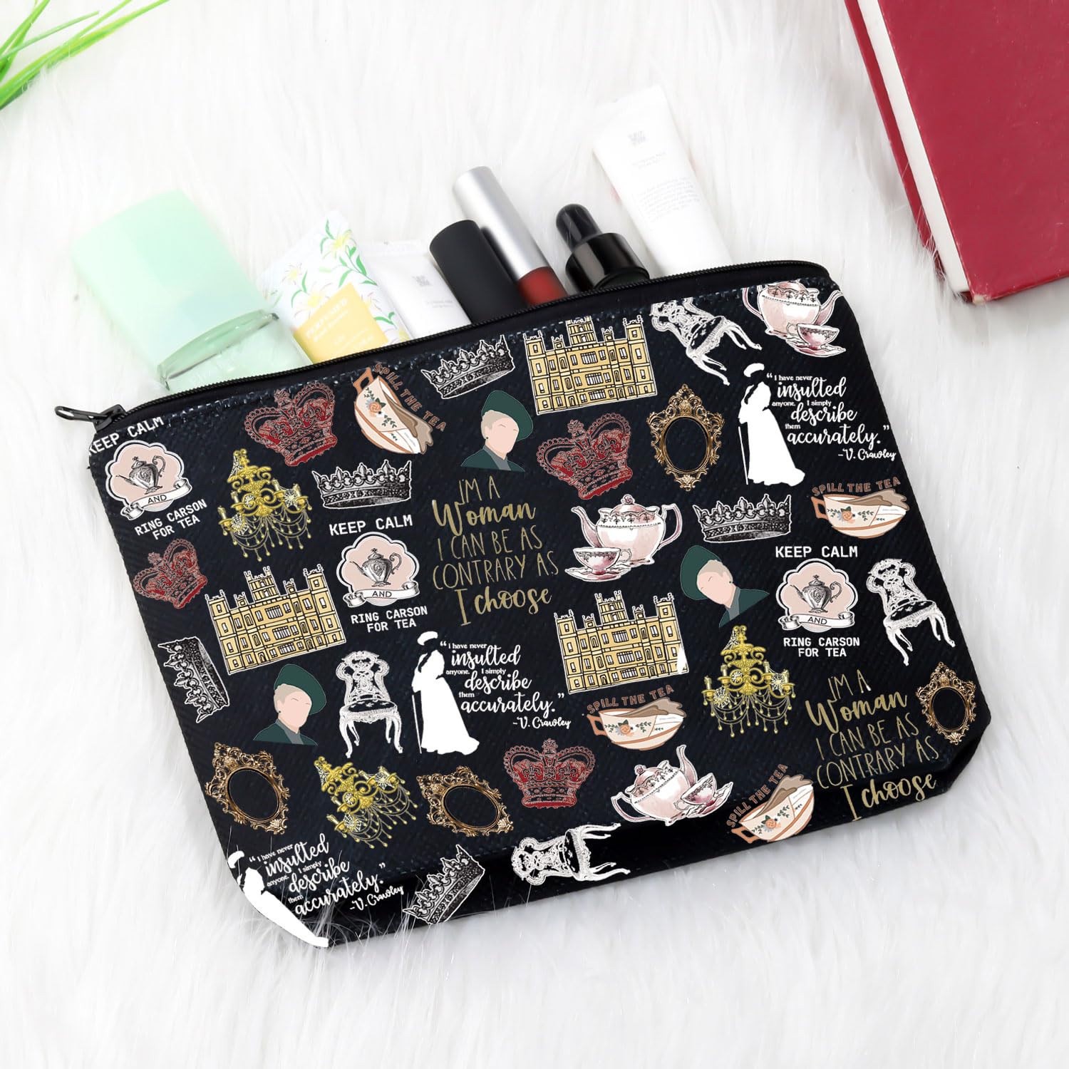 TV Show Inspired Gift V. Crawley Quote Inspired Gift TV Show Merchandise Zipper Pouch Makeup Bag for Fans Women Girls (Downton TV Pattern BLK EU) - Image 4