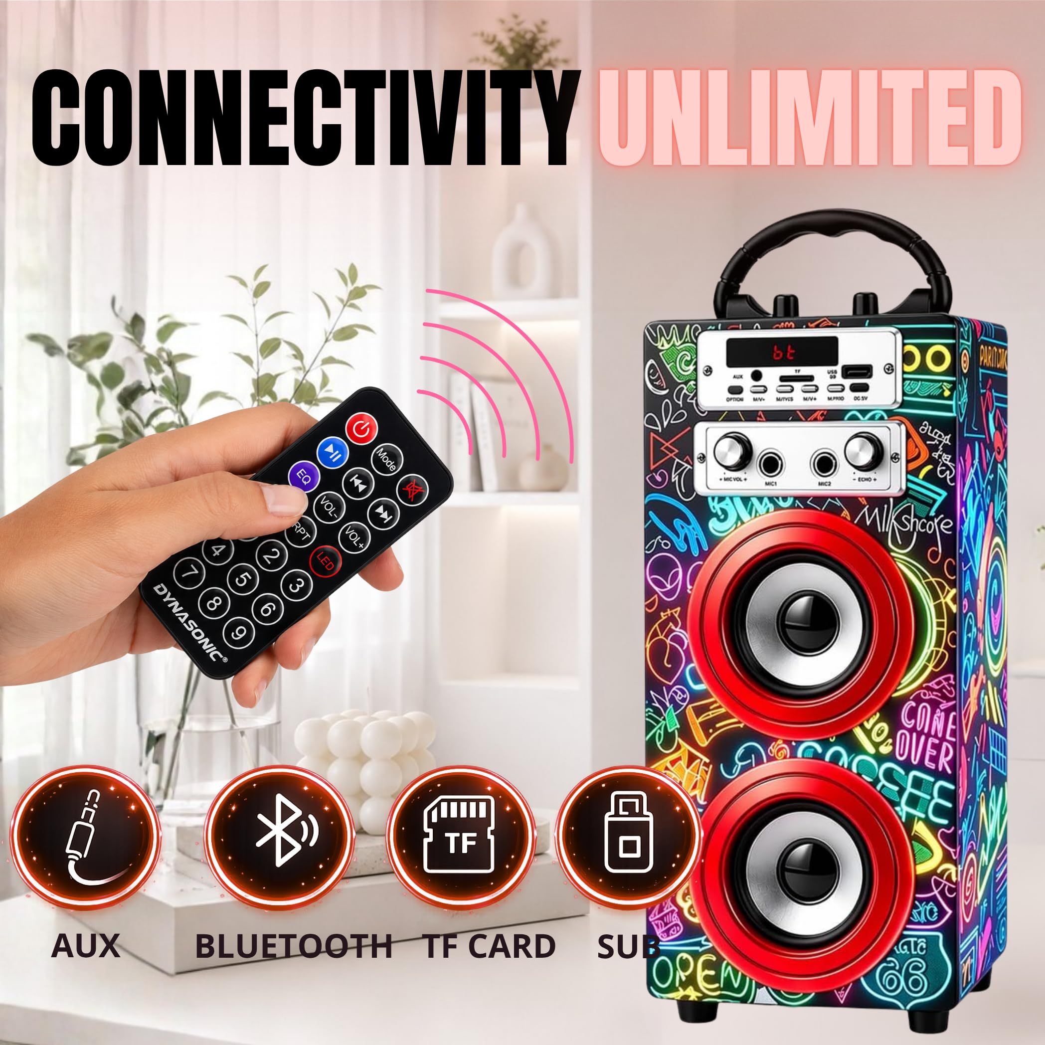 DYNASONIC Macchina Karaoke Portatile, 2 Microfoni, Altoparlante Bluetooth, Luci, Lettore USB e SD (025-21 lights)