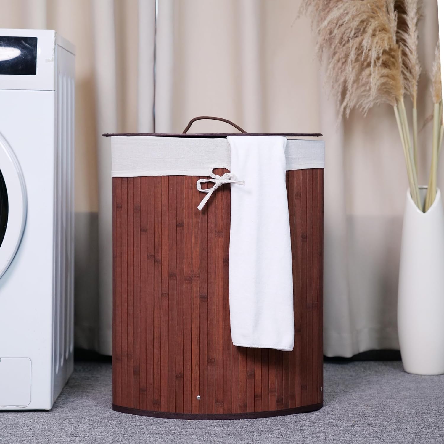 Space-Saving Bamboo Corner Laundry Hamper with Lid – 19 Gallon/73L Collapsible Clothes Basket – Removable Washable Liner – Decorative Wicker Storage for Bedroom, Bathroom, Apartment – Dark Brown
