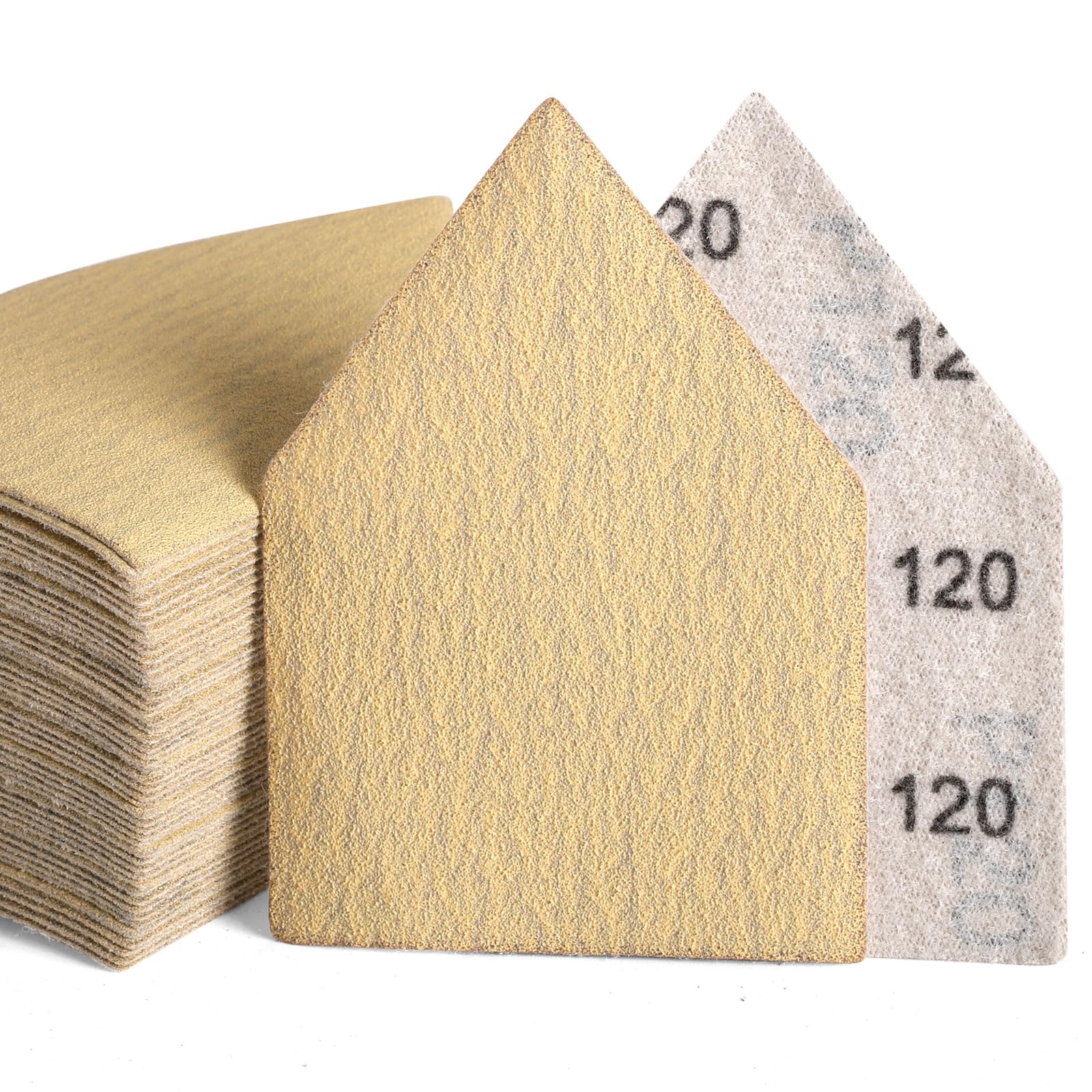 POLIWELL 50PCS 90mm x 65mm Triangle Sanding Sheets Hook & Loop 120 Grit Replace Milwaukee M12 Orbital Detail Sander, Alumina Abrasive Sand Paper for Wood Finishing, Detail Sanding