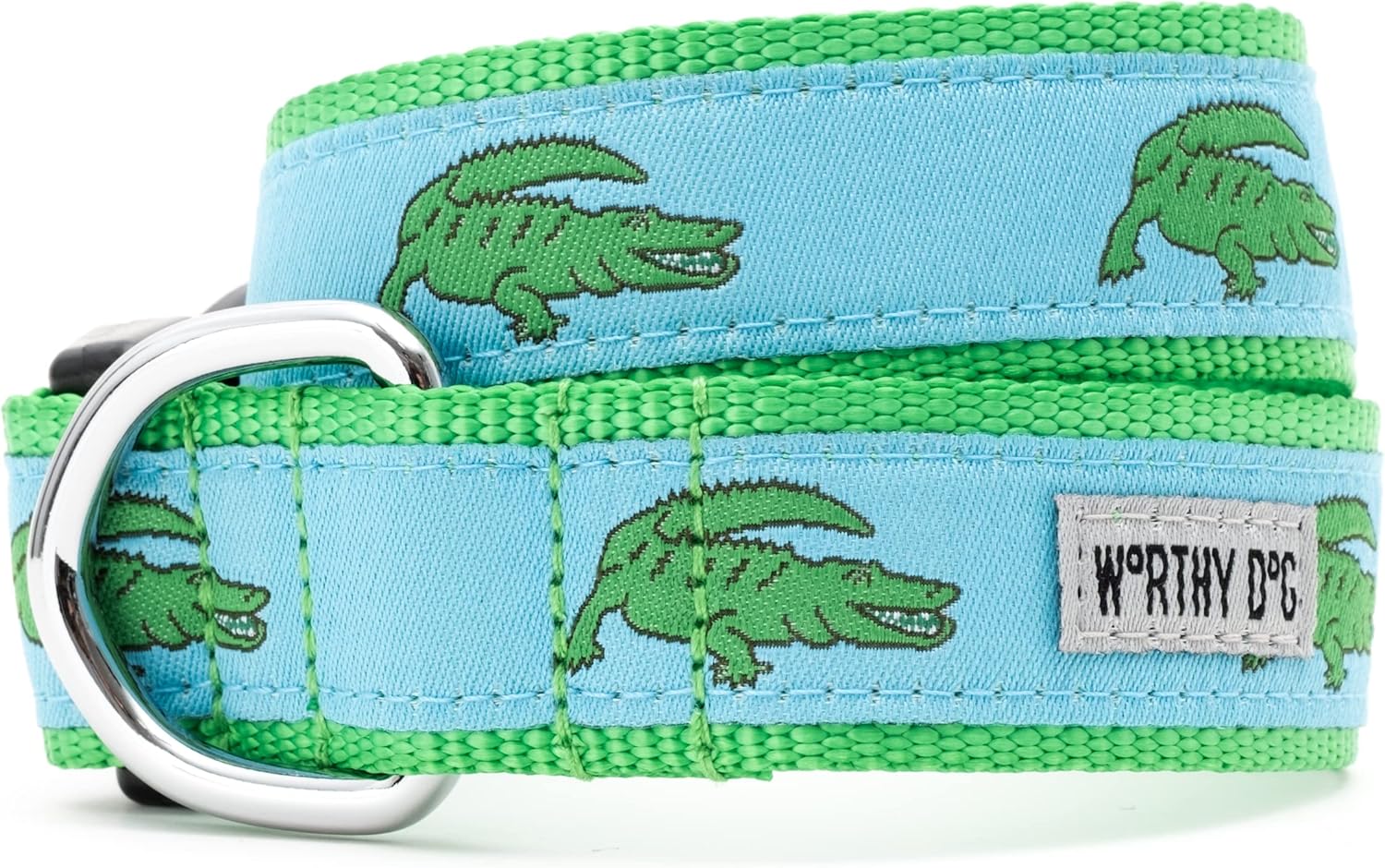 THE WORTHY DOG Adjustable Dog Collar for Large Dogs, Durable Nylon Webbing, Quick Release Buckle, Alligators Pattern, Blue, Large