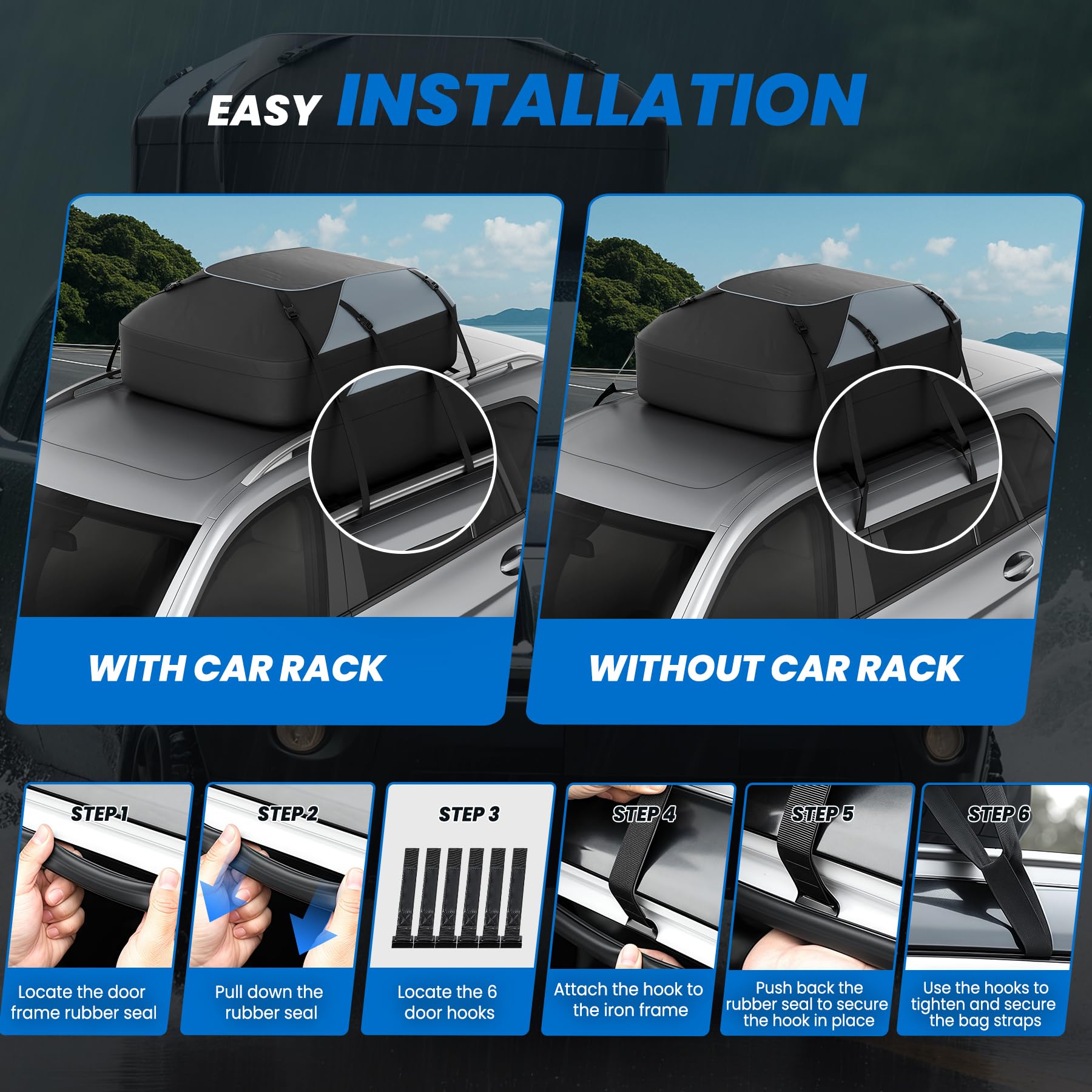 Huanyu Autodach Tasche 20 Kubik / 550L Autodachbox Wasserdichtes Dachzelt für Fahrzeuge Autodachzelt für Fahrzeuge mit oder ohne Autoträger Dachgepäckträger mit Anti-Rutsch-Matte und 6 Türhaken
