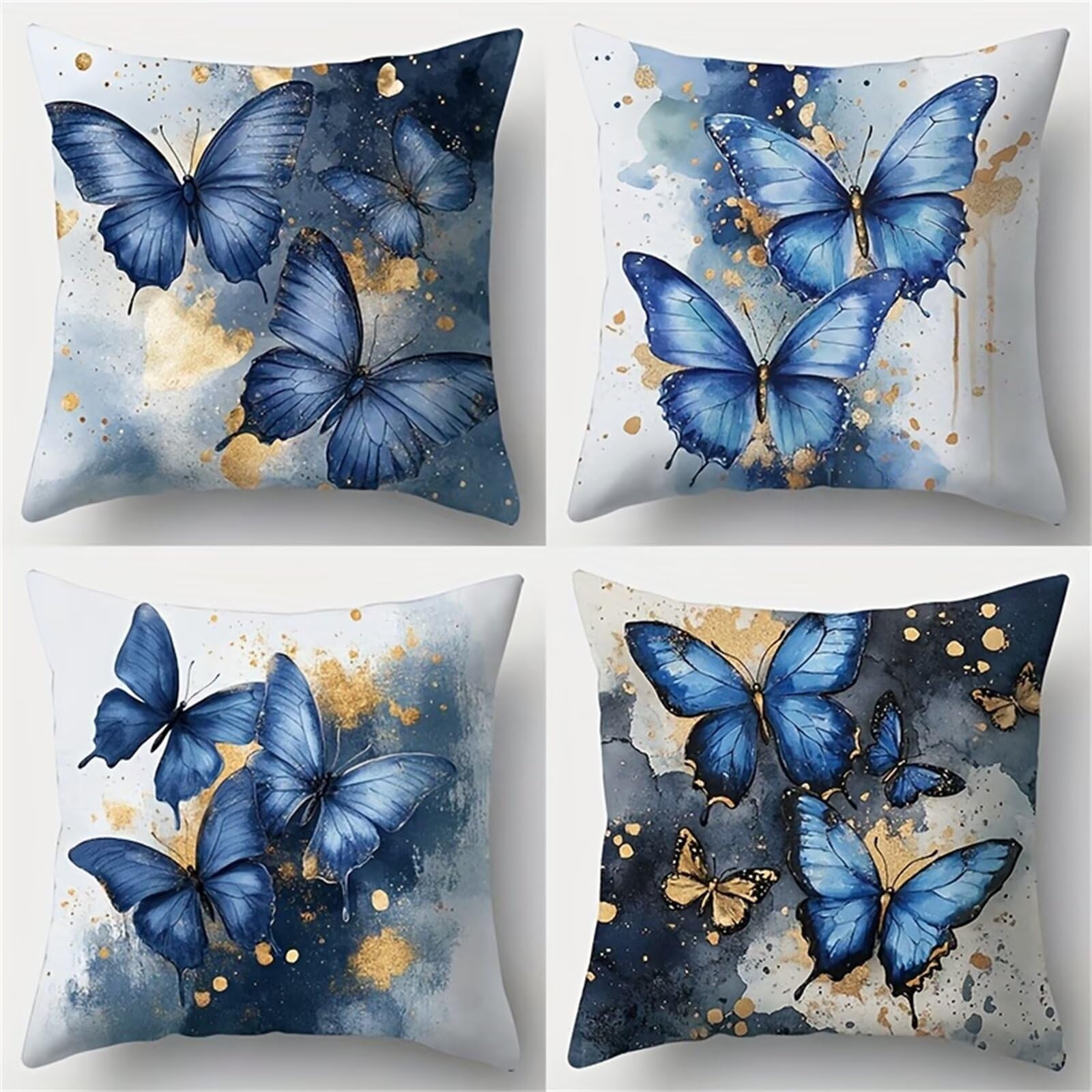 Housses de coussin en lin 40x40 cm lot de 4 bleu papillon moderne pour canapé de salon